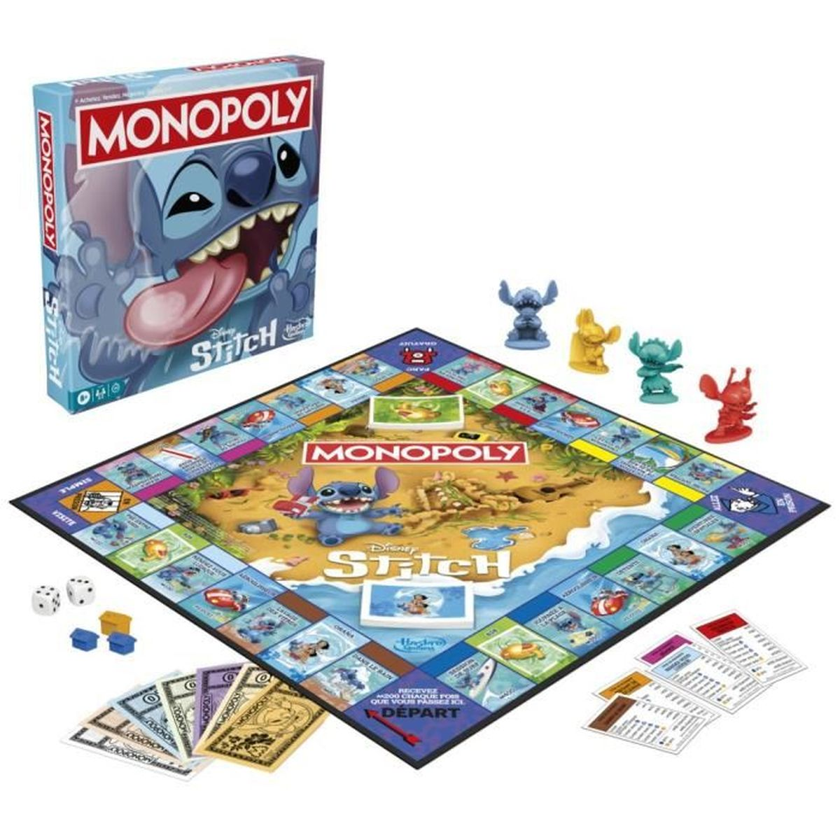 Gioco da tavolo Monopoly Stitch con scatola, tabellone, pedine, dadi e carte. Personaggio Stitch in evidenza su scatola e tabellone.