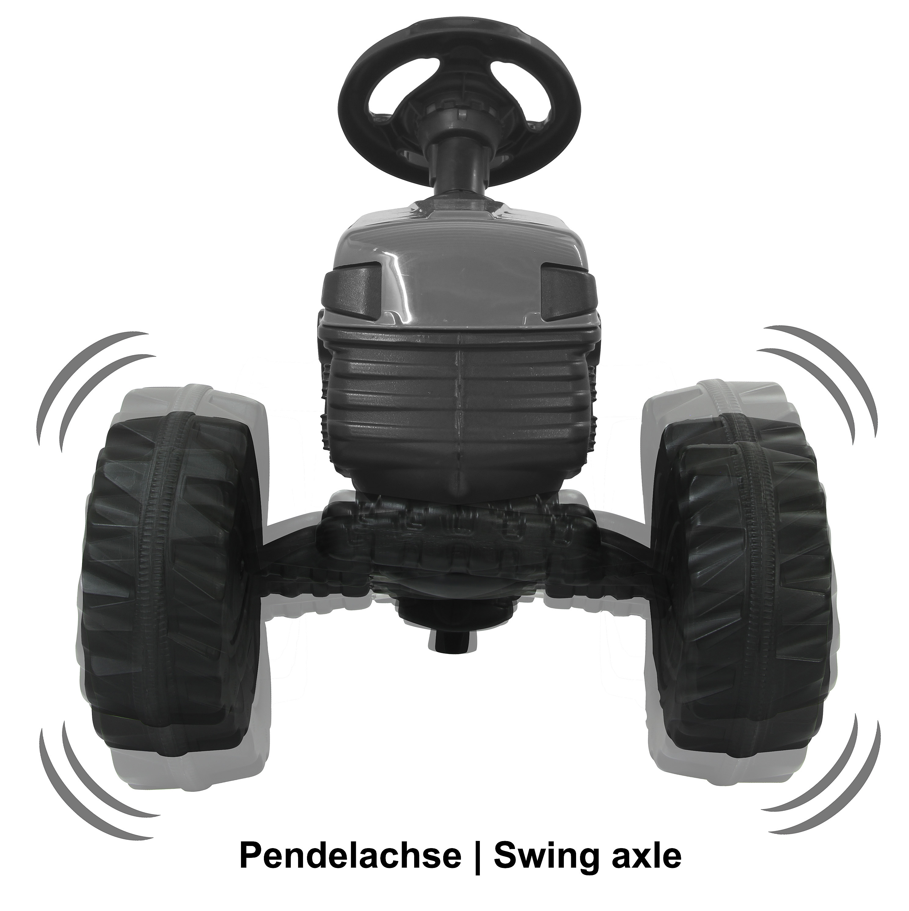 Ein schwarzer Spielzeugtraktor mit Lenkrad und zwei großen schwarzen Reifen. Die Pendelachse ist sichtbar. Weißer Hintergrund.