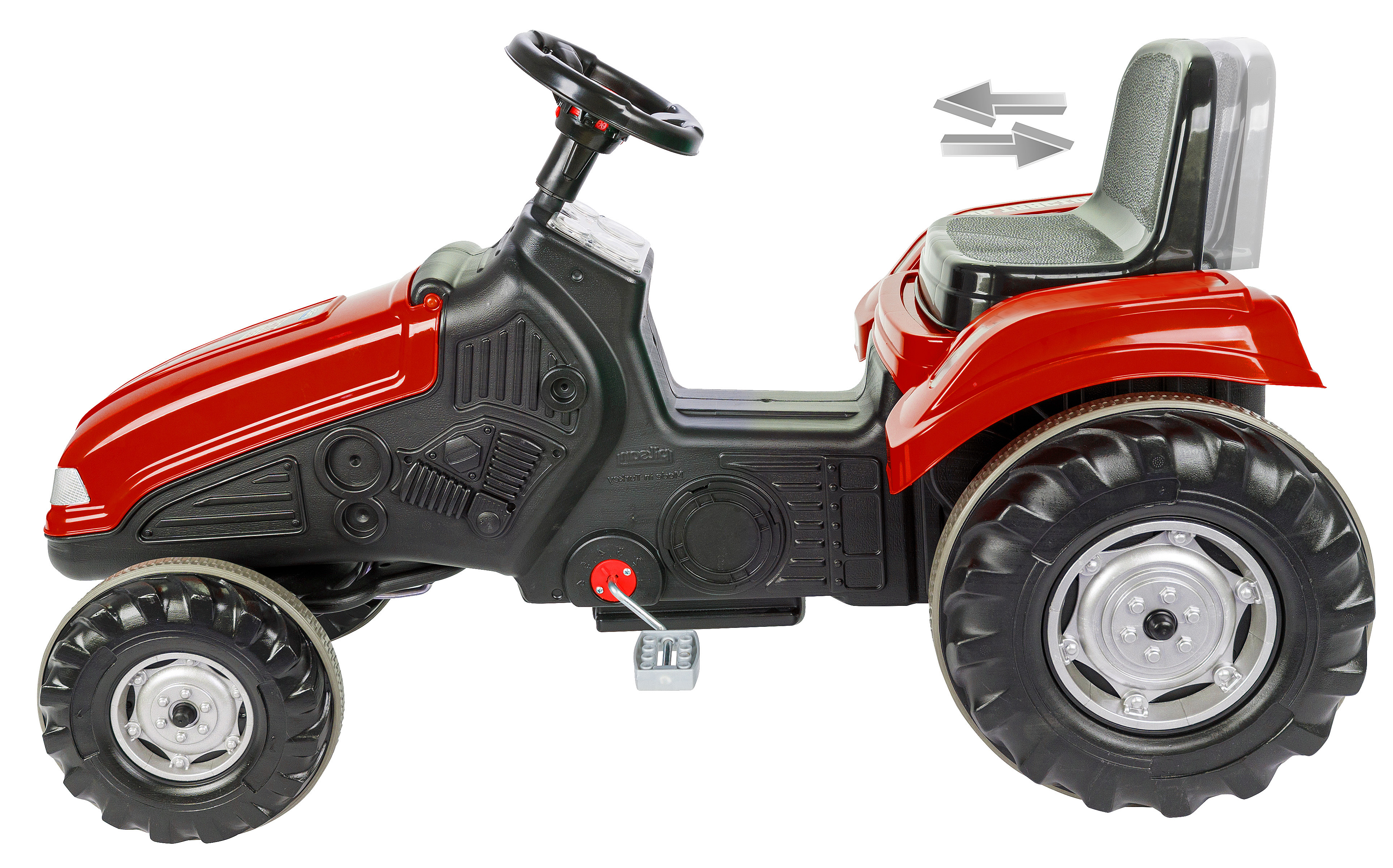 Un tractor de juguete rojo y negro con volante, asiento y neumáticos negros grandes. El asiento es ajustable.