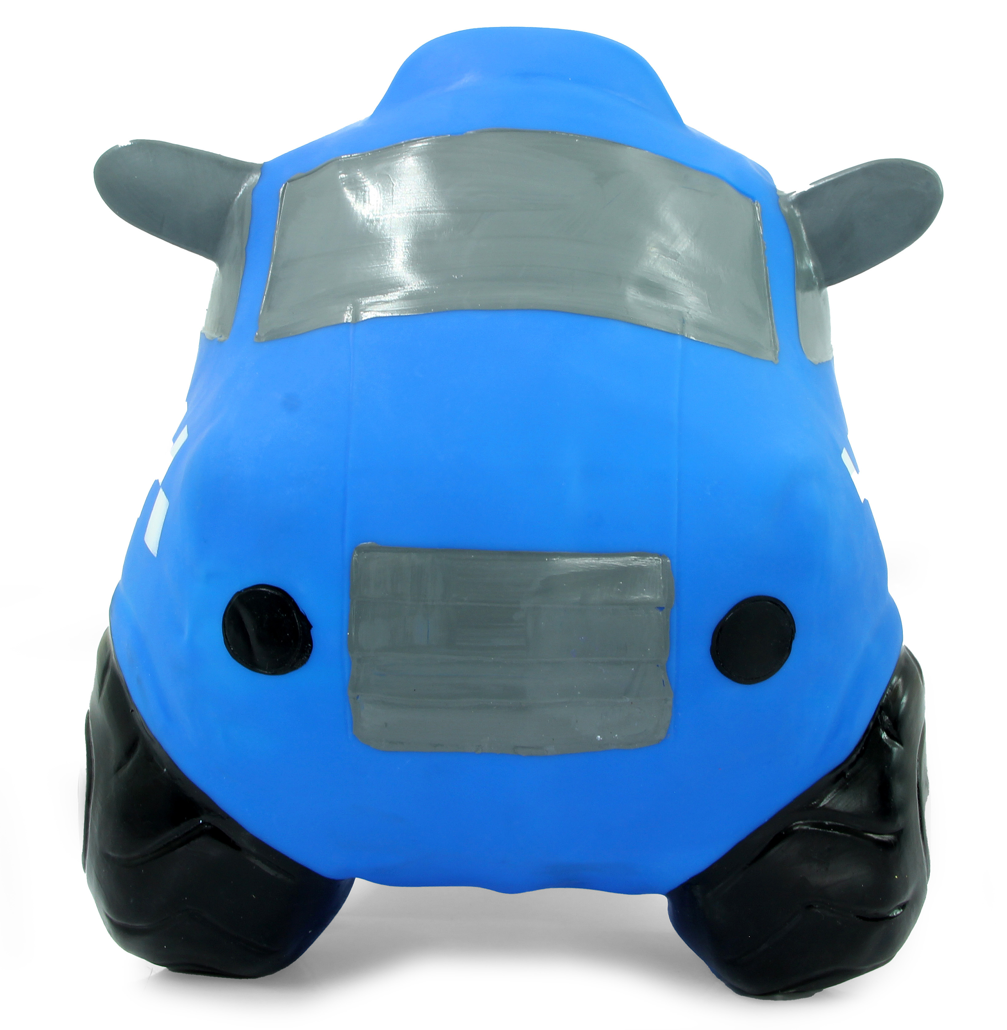 Blaues Spielzeugauto mit grauen Details, schwarzen Reifen und zwei grauen Seitenspiegeln auf weißem Hintergrund.