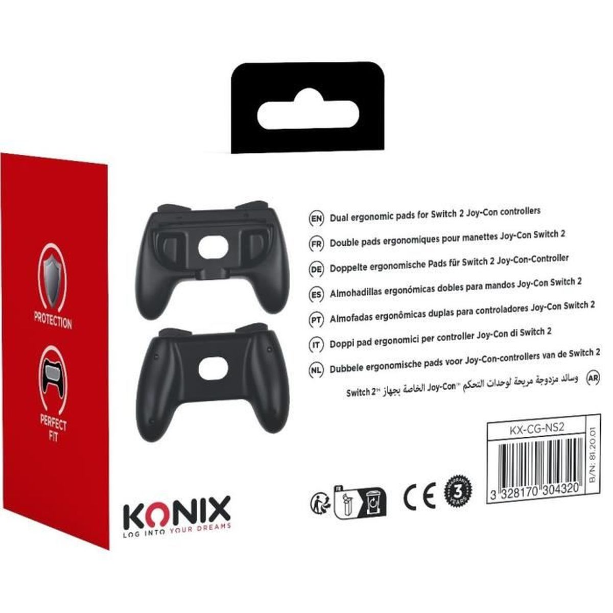 Due pad ergonomici neri per controller Switch 2 Joy-Con. Il prodotto è in una confezione con testo multilingue.
