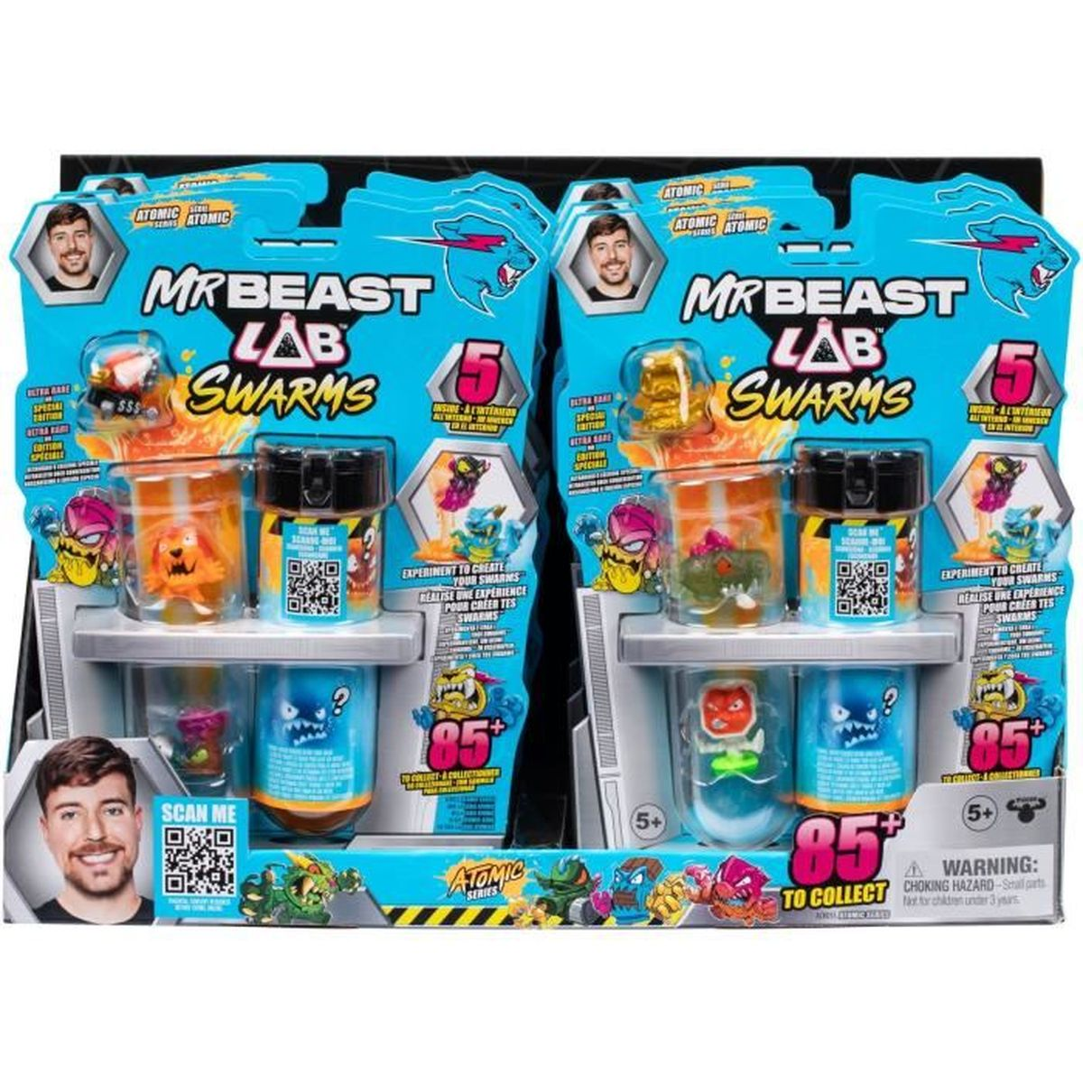 Dwa zestawy zabawek MrBeast Lab Swarms. Każdy ma słoiki z kolorowymi figurkami, kodami QR i zdjęciami MrBeast.