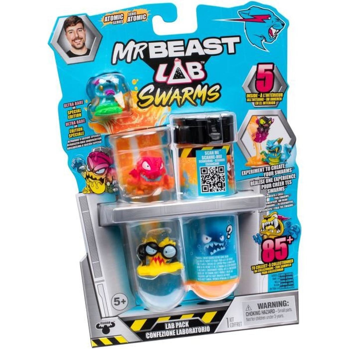 Zabawki MrBeast Lab Swarms w opakowaniu, z różnymi figurkami i logo MrBeast.
