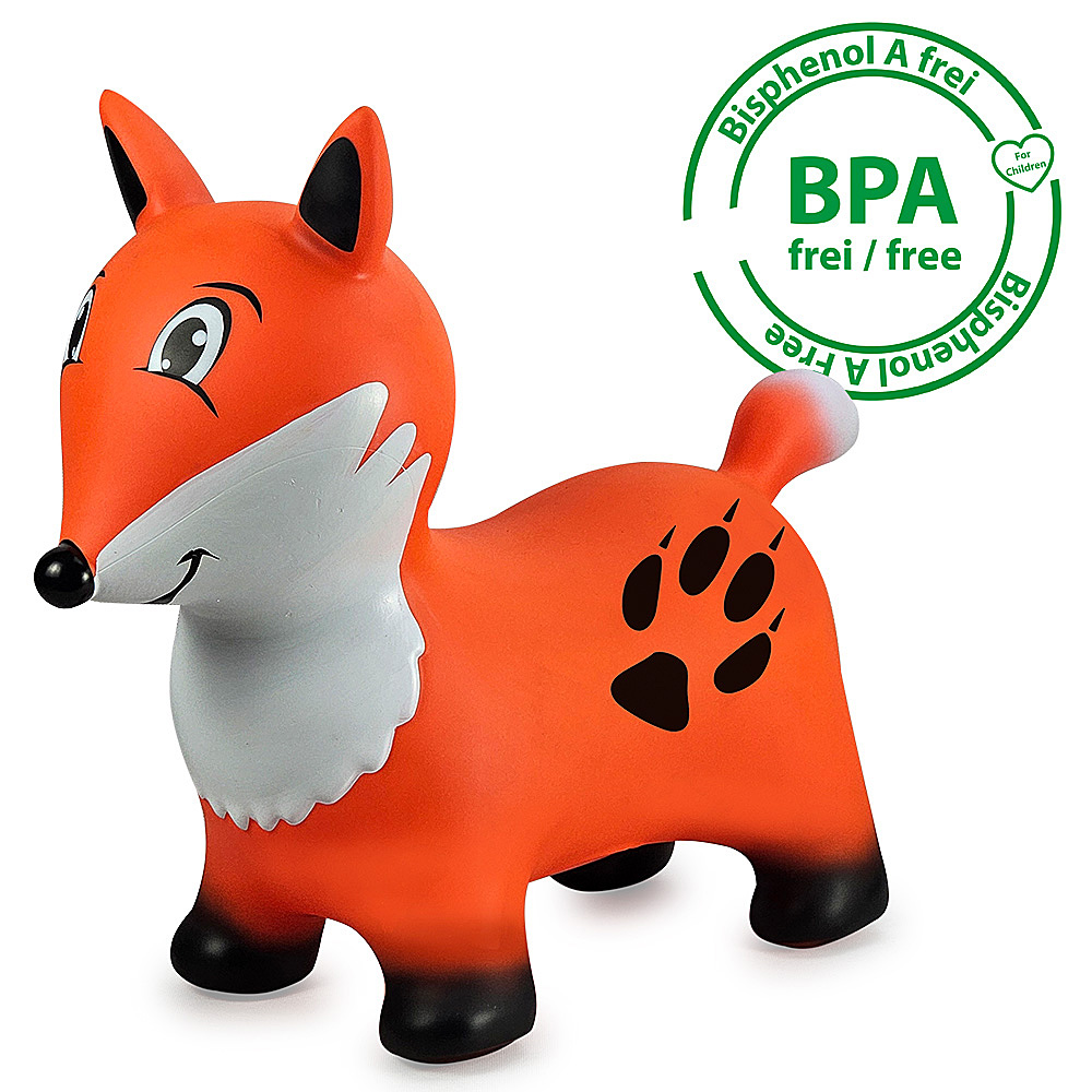Ein orangefarbenes, fuchsformiges Spielzeug mit schwarzen Pfoten und Ohren. Es hat ein weißes Gesicht und ein grünes BPA-freies Siegel im Hintergrund.