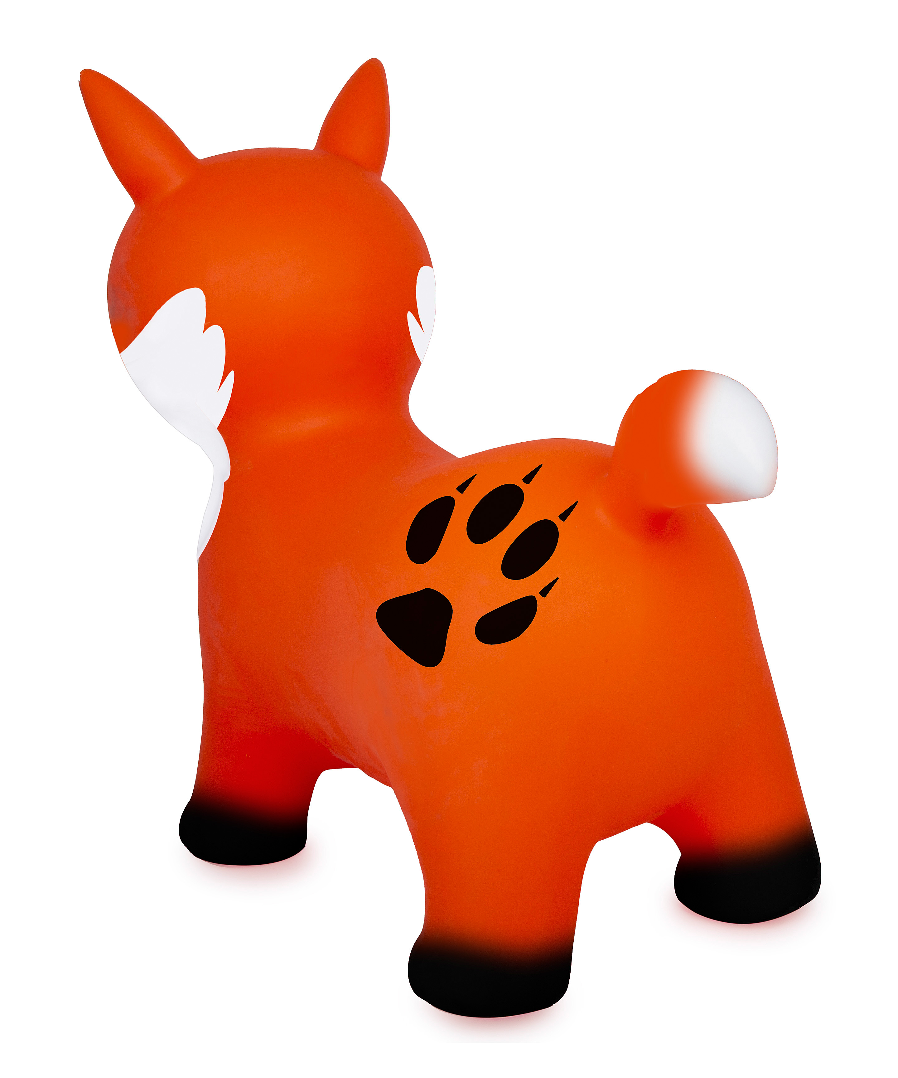 Ein orangefarbenes, fuchsförmiges aufblasbares Spielzeug mit weißen Akzenten und einem schwarzen Pfotenabdruck. Weißer Hintergrund.