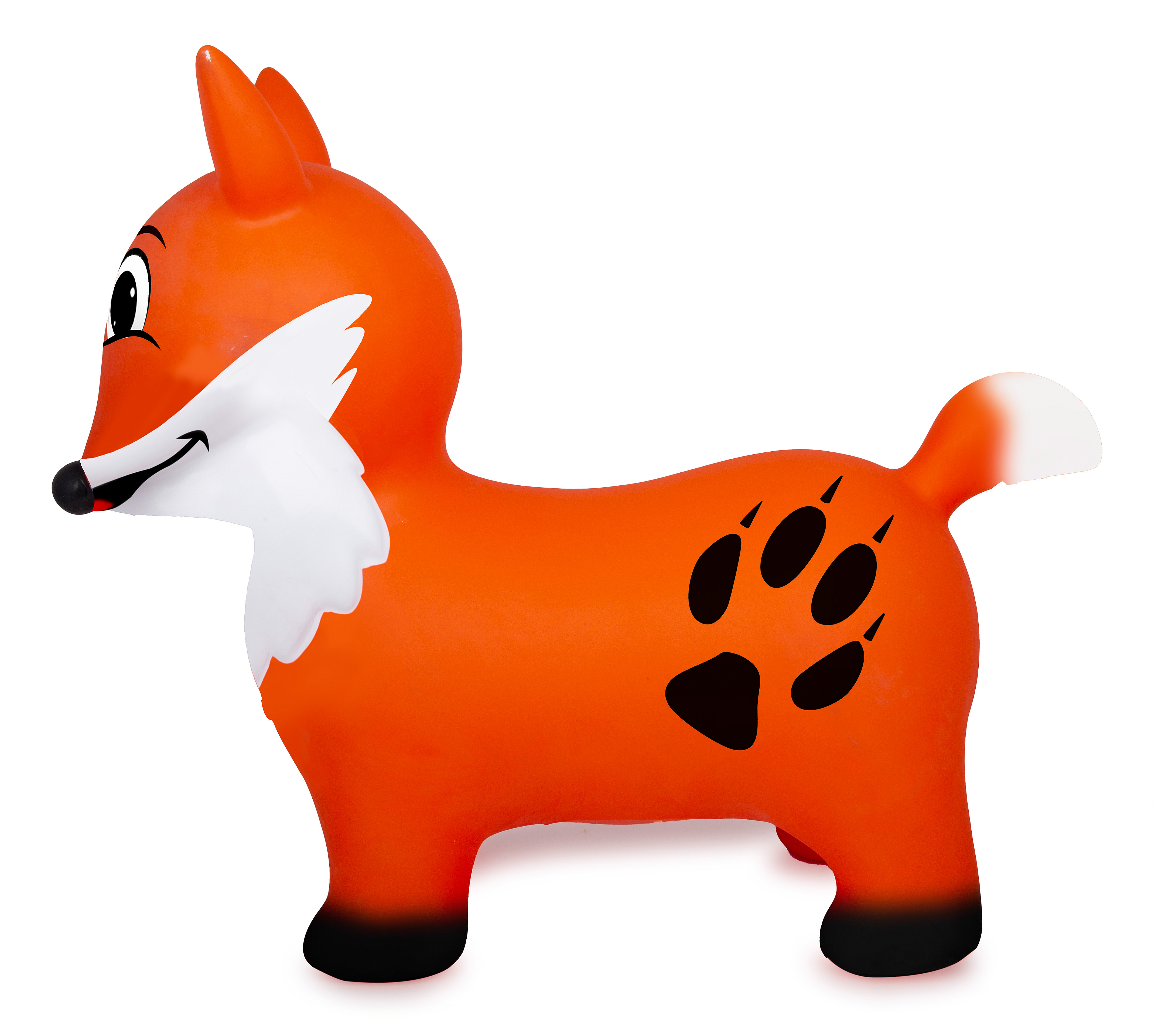 Ein aufblasbares orangefarbenes Fuchspielzeug. Es hat weiße Akzente und einen Pfotenabdruck an der Seite. Der Hintergrund ist weiß.