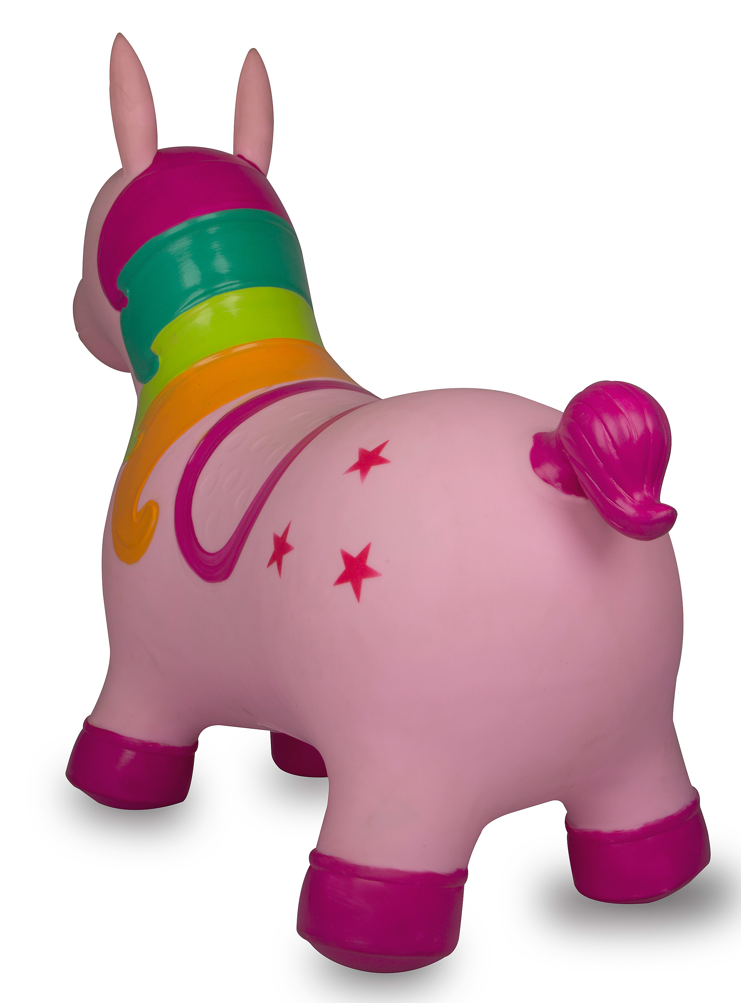 Ein aufblasbares rosa Einhornspielzeug mit Regenbogenmähne, rosa Schwanz und Sternverzierungen an der Seite. Vor weißem Hintergrund.