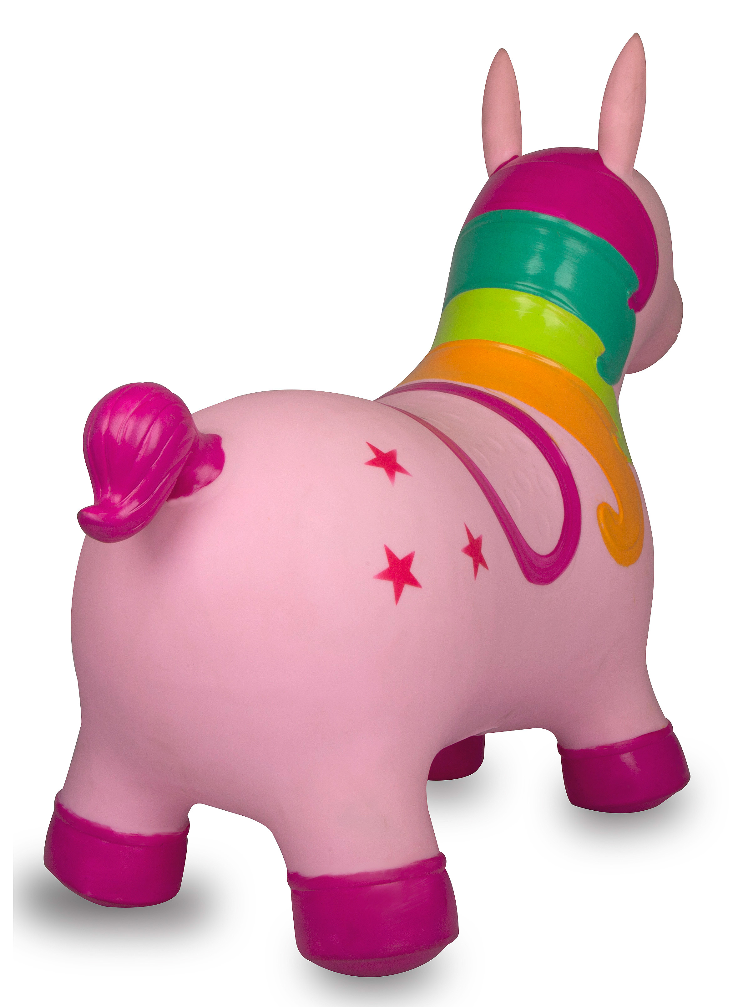 Rosa aufblasbares Einhorn-Spielzeug mit Regenbogenmähne und -schwanz, roten Sternen an der Seite und rosa Hufen. Weißer Hintergrund.