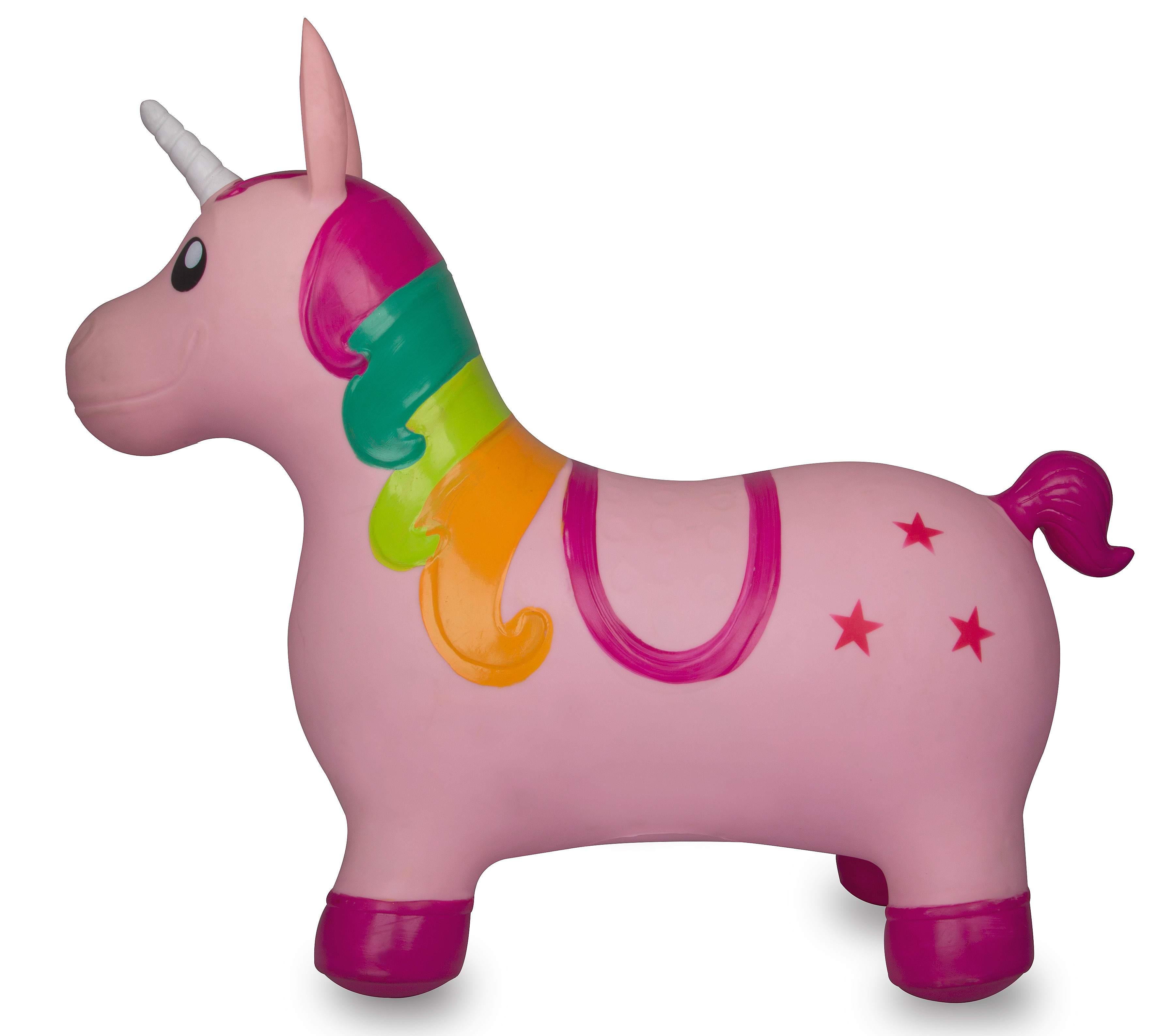 Ein aufblasbares rosa Einhornspielzeug mit weißem Horn, farbenfroher Mähne und roten Sternen. Es ist auf weißem Hintergrund.