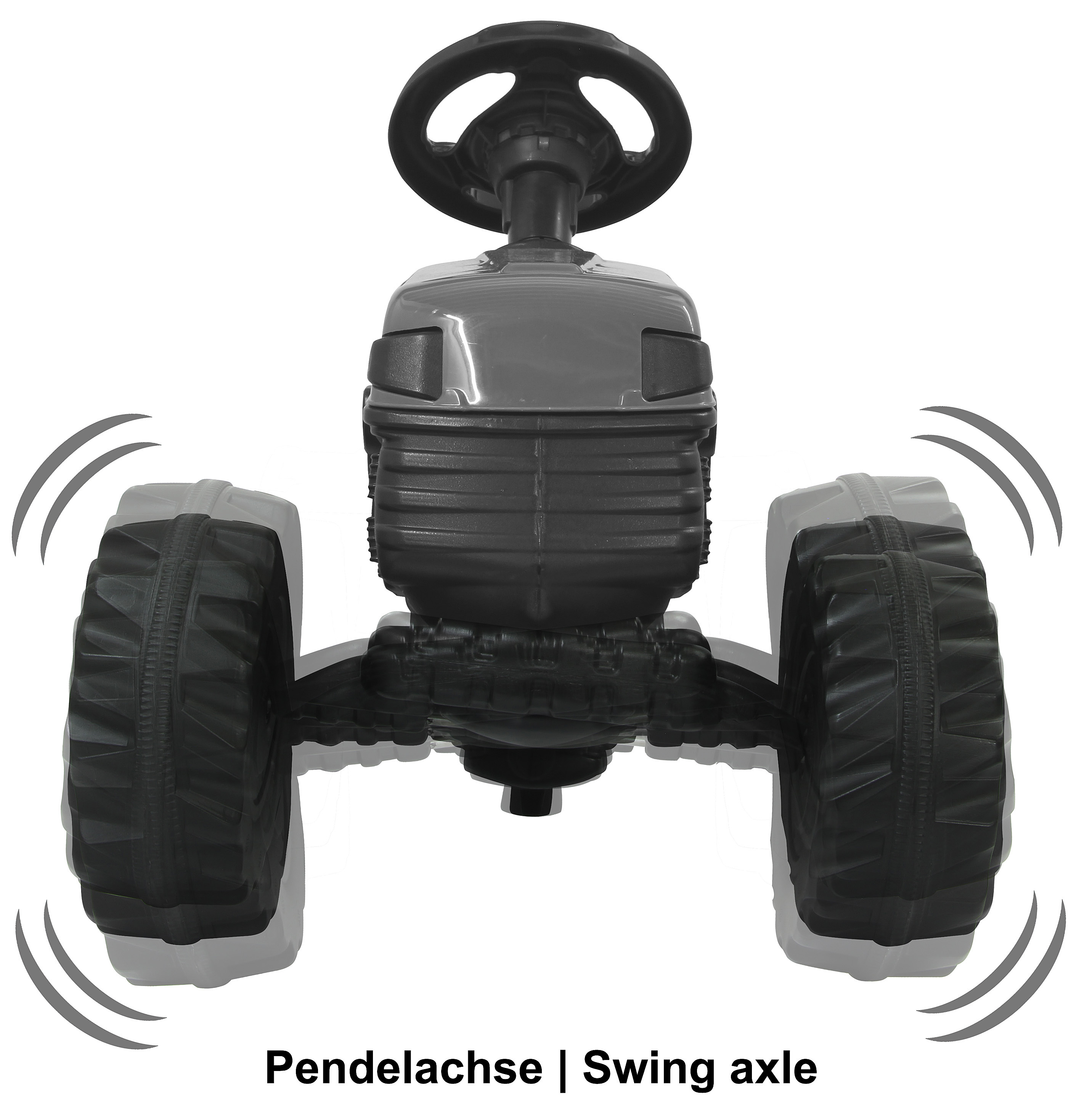 Ein schwarzer Spielzeugtraktor mit Lenkrad und zwei großen Reifen. Der Text 'Pendelachse | Swing axle' steht unten.