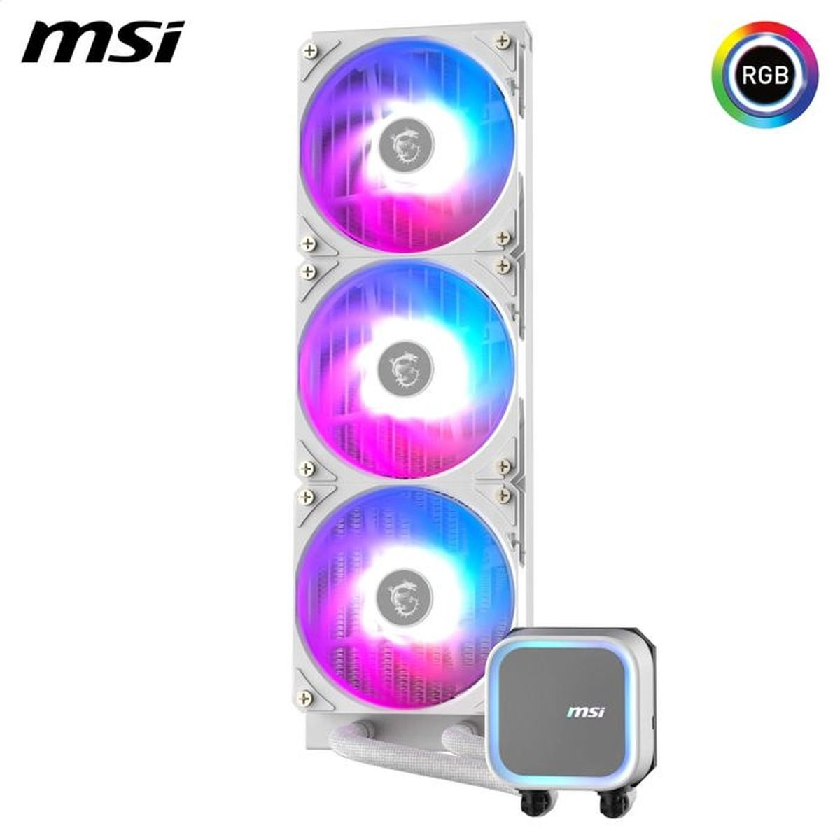 Chłodzenie cieczą MSI z trzema wentylatorami RGB. Pompka z logo MSI na dole. Logo RGB w prawym górnym rogu.