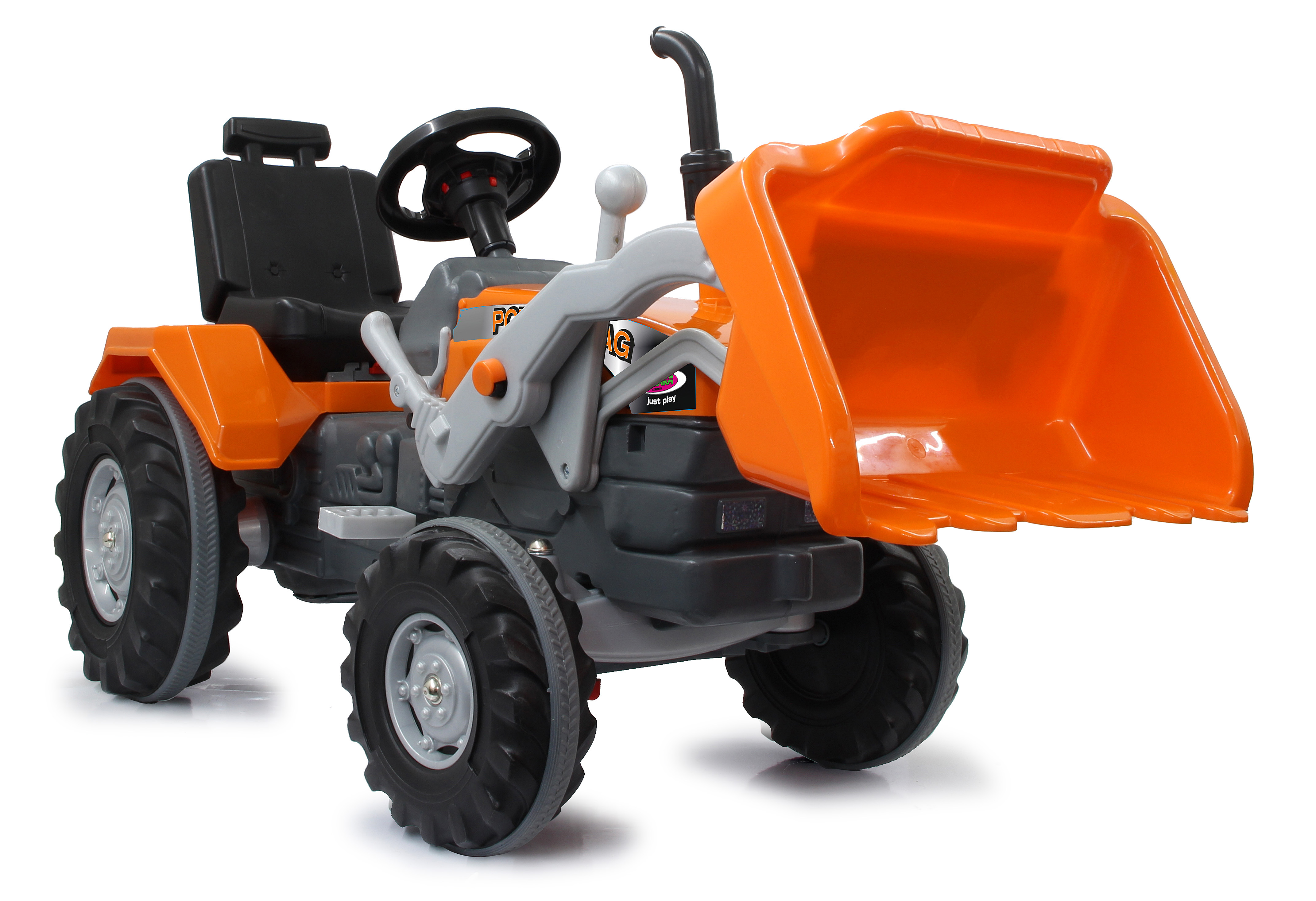Ein orangefarbener und grauer Spielzeugtraktor mit Frontlader. Er hat schwarze Räder, ein Lenkrad und einen schwarzen Sitz.