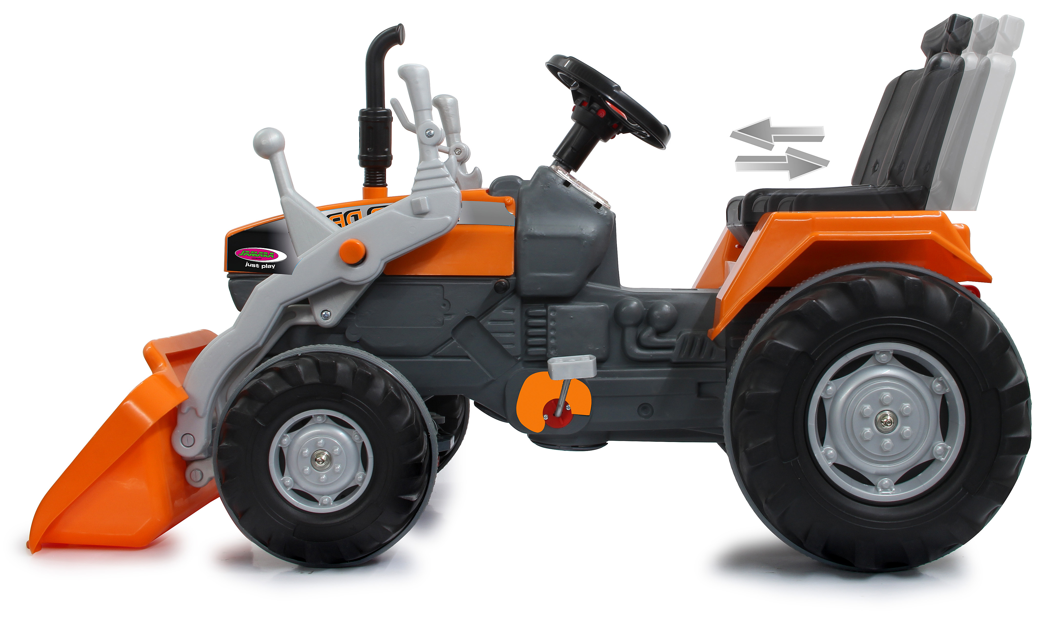 Spielzeugtraktor mit orangefarbenen und grauen Teilen. Er hat einen Frontlader, ein Lenkrad und einen Sitz. Pfeile zeigen Bewegung an.