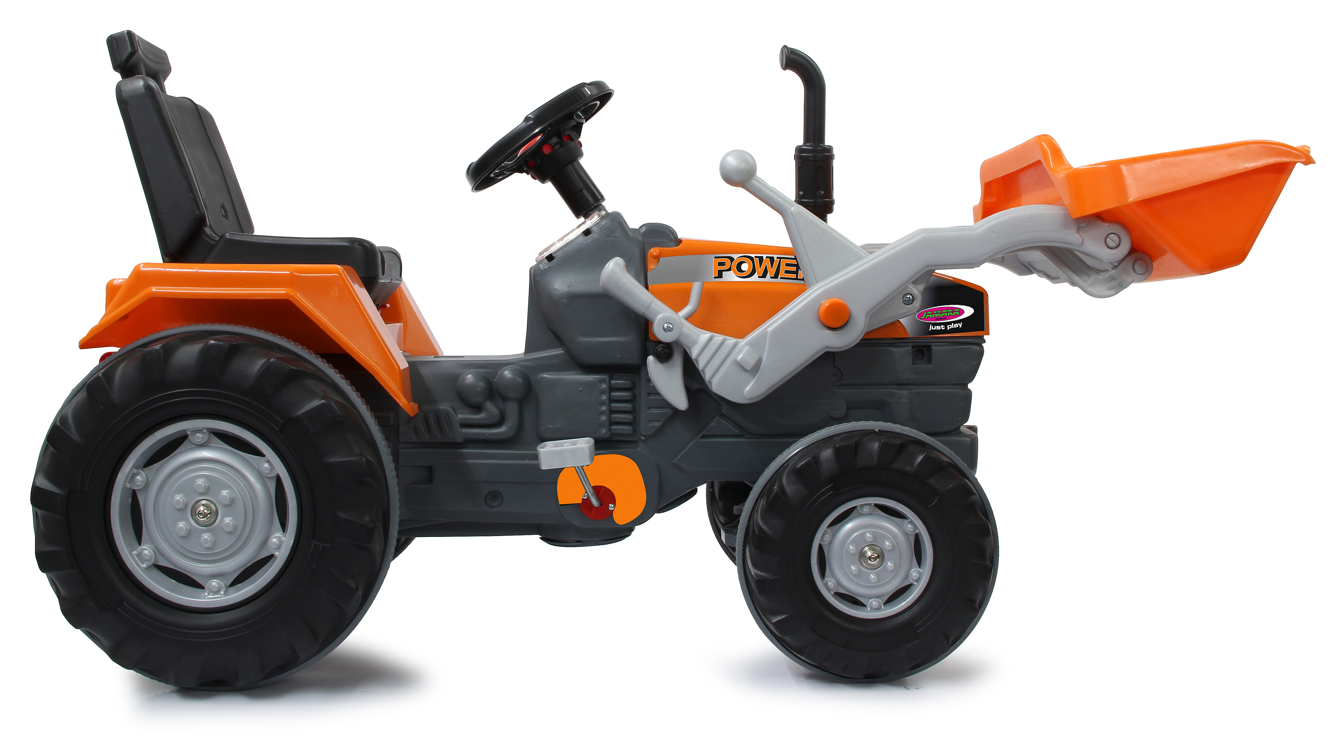 Ein Spielzeugtraktor, orange und grau. Er hat große schwarze Räder, einen Sitz, ein Lenkrad und eine Frontlader-Schaufel.