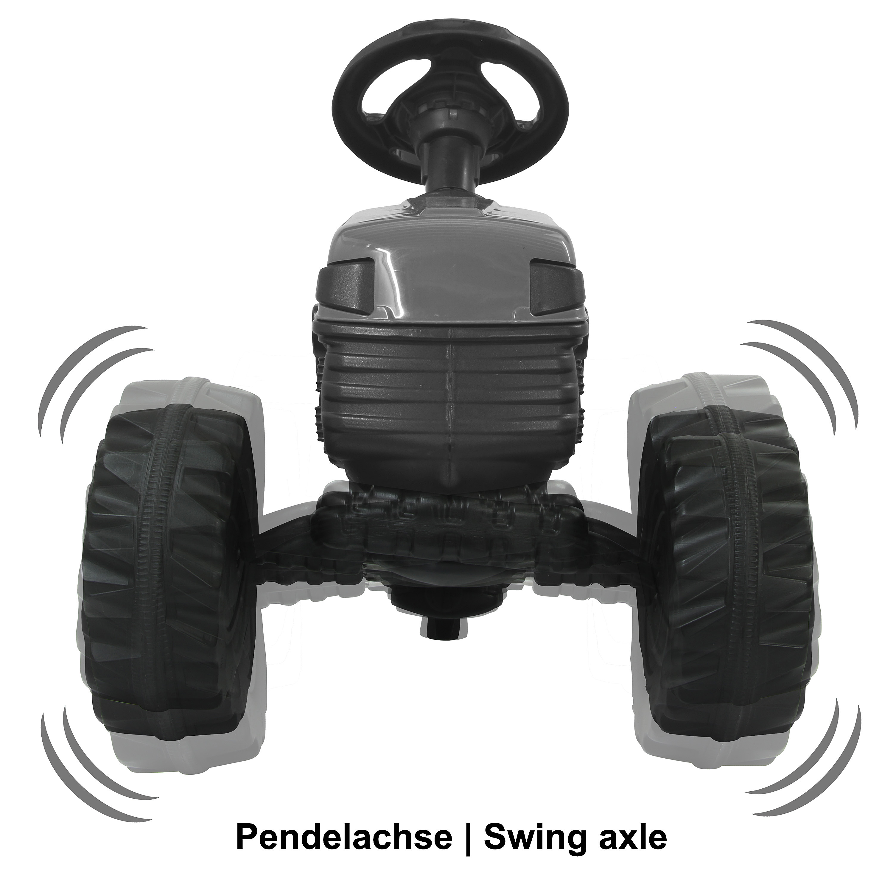 Ein schwarzer Spielzeugtraktor mit Lenkrad und zwei großen Hinterrädern auf weißem Grund. Der Satz "Pendelachse" steht darunter.