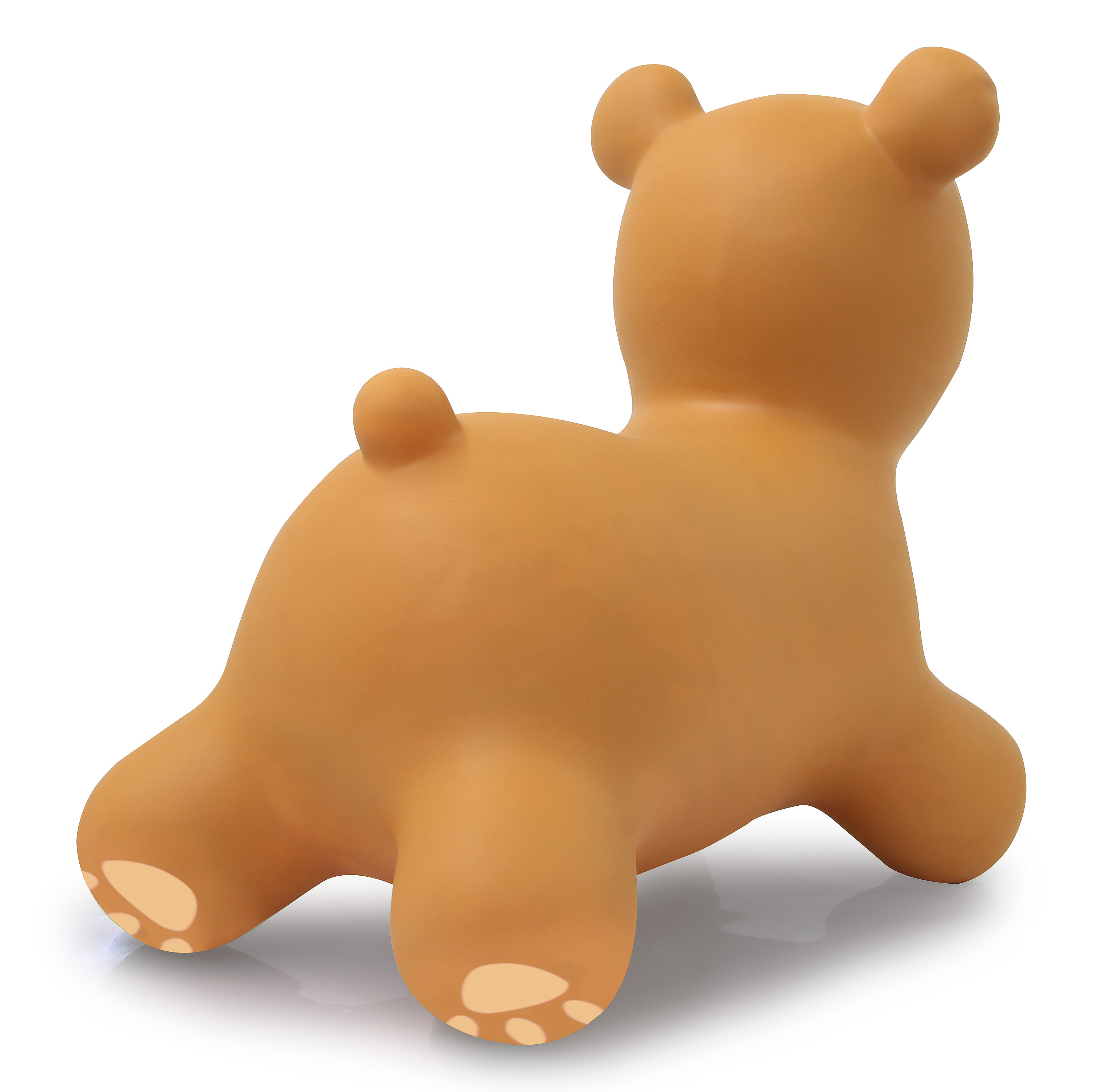 Un orsacchiotto di gomma marrone su sfondo bianco. L'orso ha orecchie, una coda e dettagli delle zampe.
