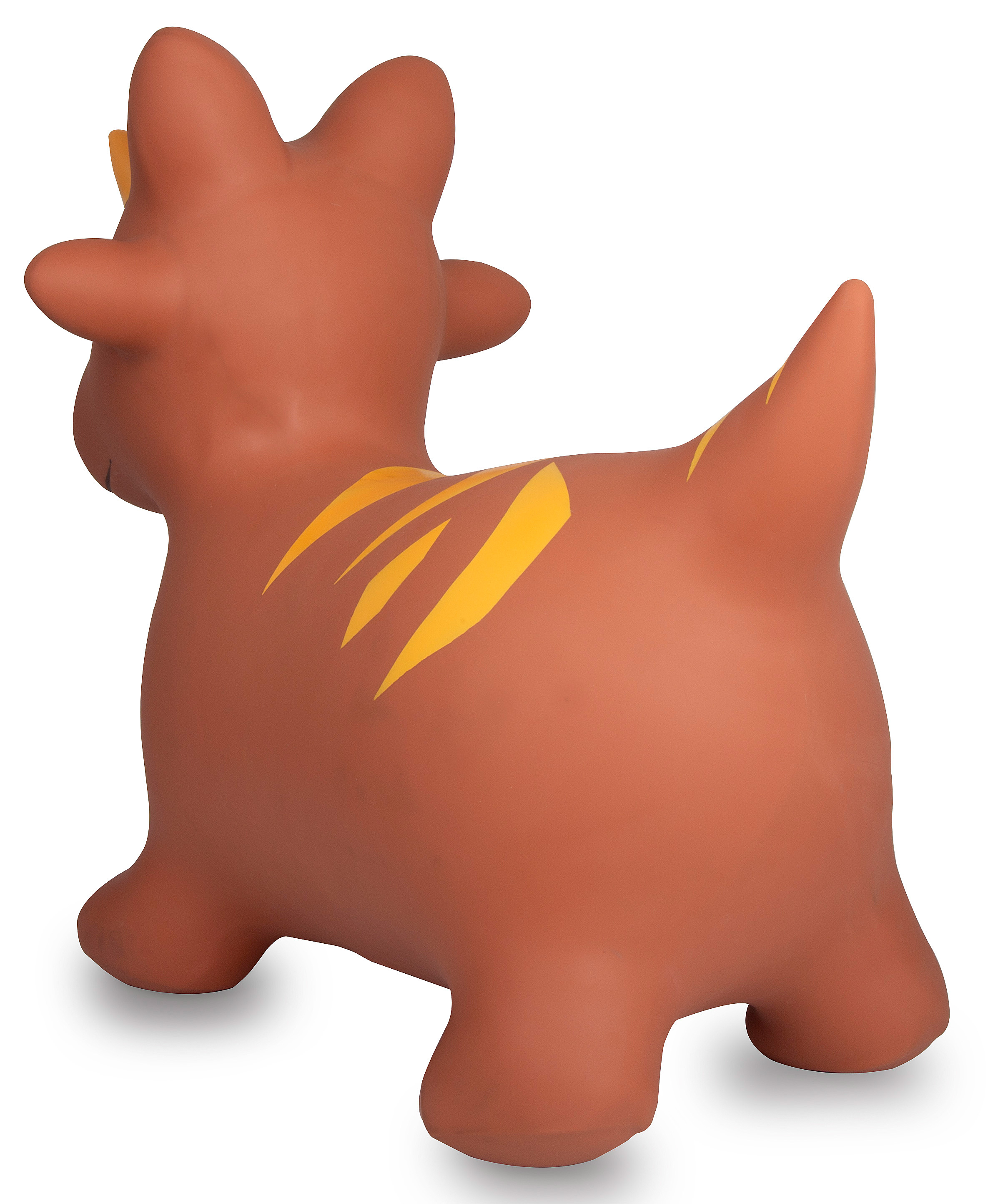 Brązowa nadmuchiwana zabawka ze żółtymi paskami, przypominająca psa, na białym tle.