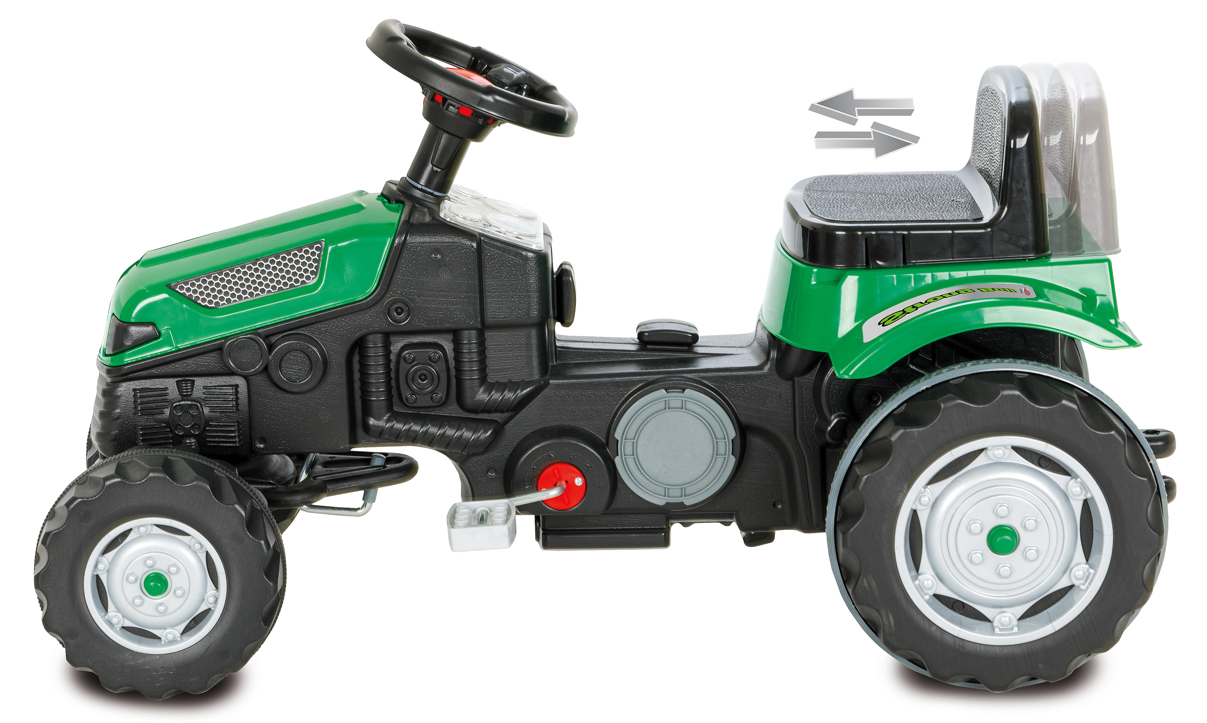 Ein grüner und schwarzer Spielzeugtraktor mit Lenkrad, Sitz und Pedalen. Er hat große Reifen und ein detailliertes Design.