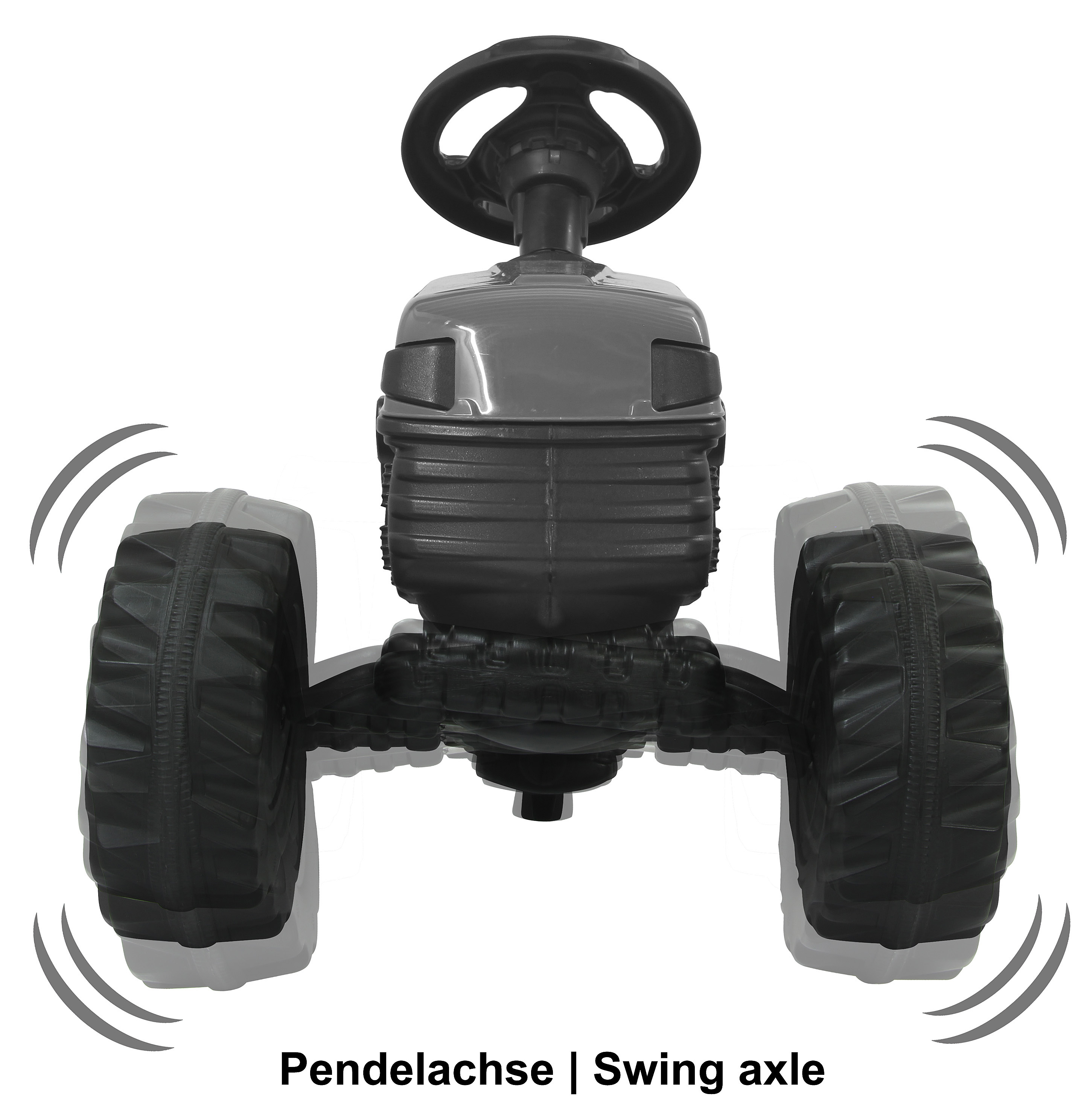 Ein schwarzer Spielzeugtraktor mit Lenkrad, grauem Körper und schwarzen Reifen, mit dem Text 'Pendelachse | Swing axle'.