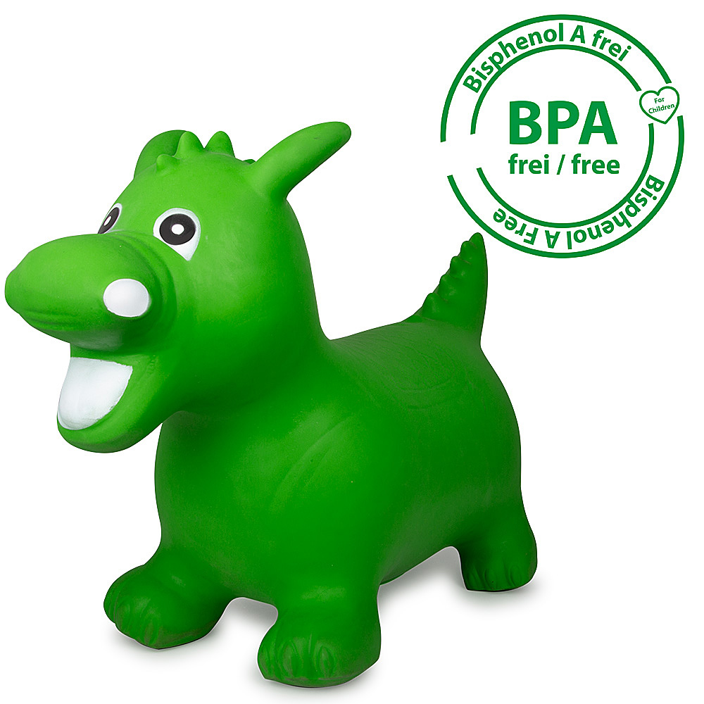 Ein grünes aufblasbares Drachenspielzeug mit weißen Zähnen und Augen. Ein BPA-freies Siegel ist im Hintergrund.