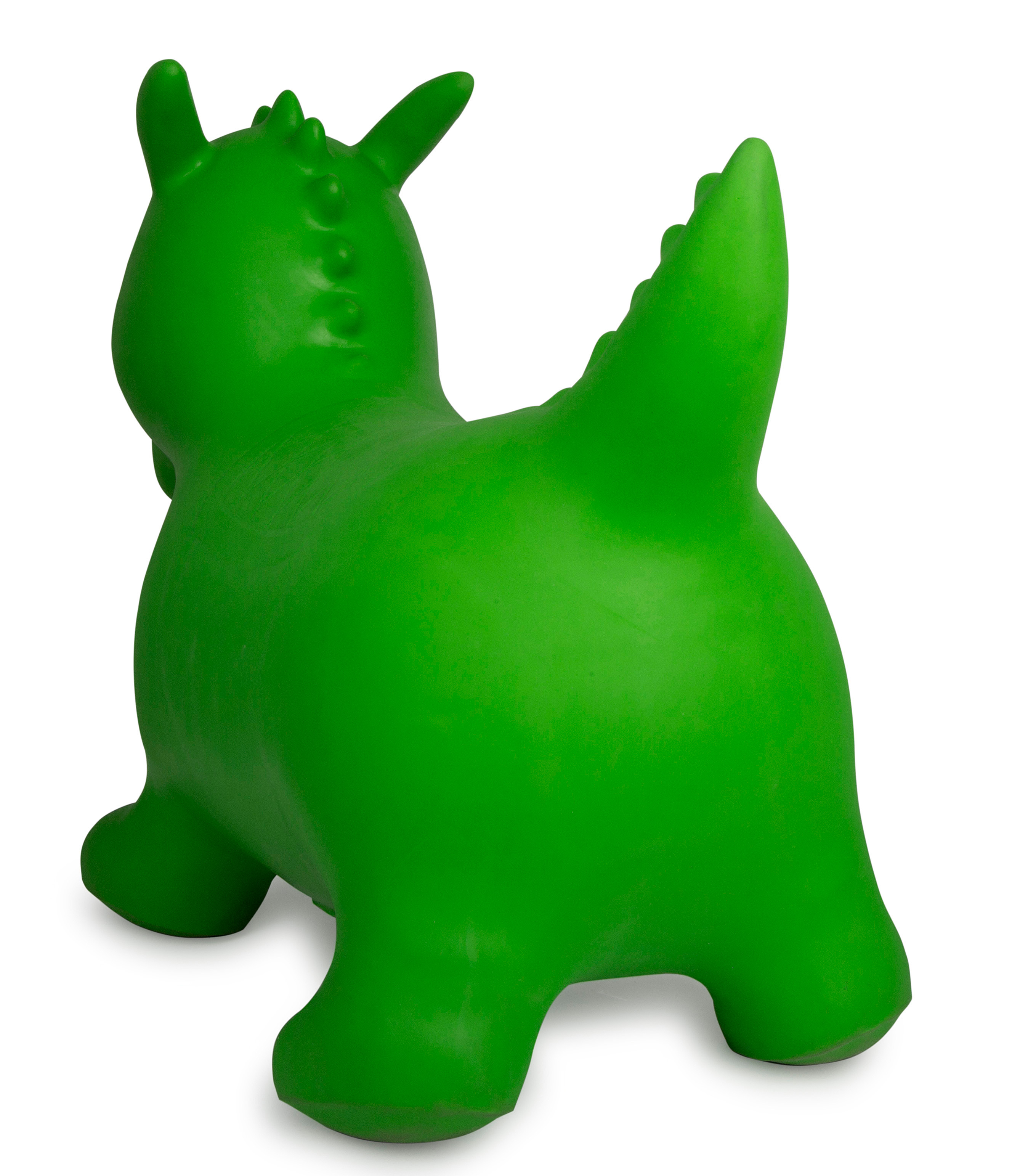 Ein grünes Hüpftier in Form eines Drachen. Das Spielzeug befindet sich auf weißem Hintergrund.