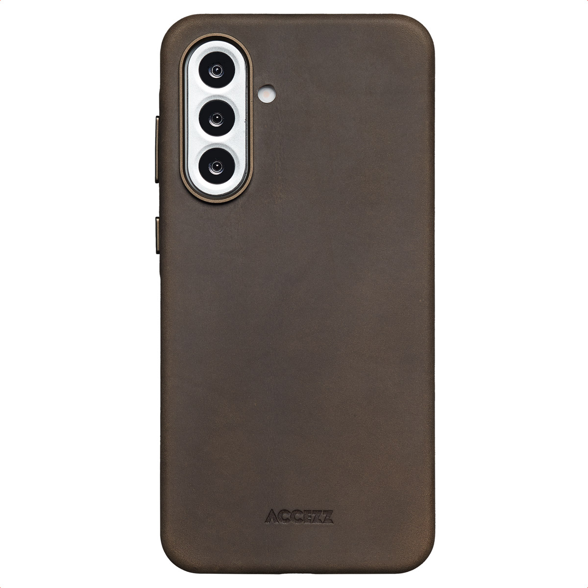 Une coque de téléphone marron avec des lentilles d'appareil photo. La coque porte le logo ACCEZZ en bas. Le fond est blanc.