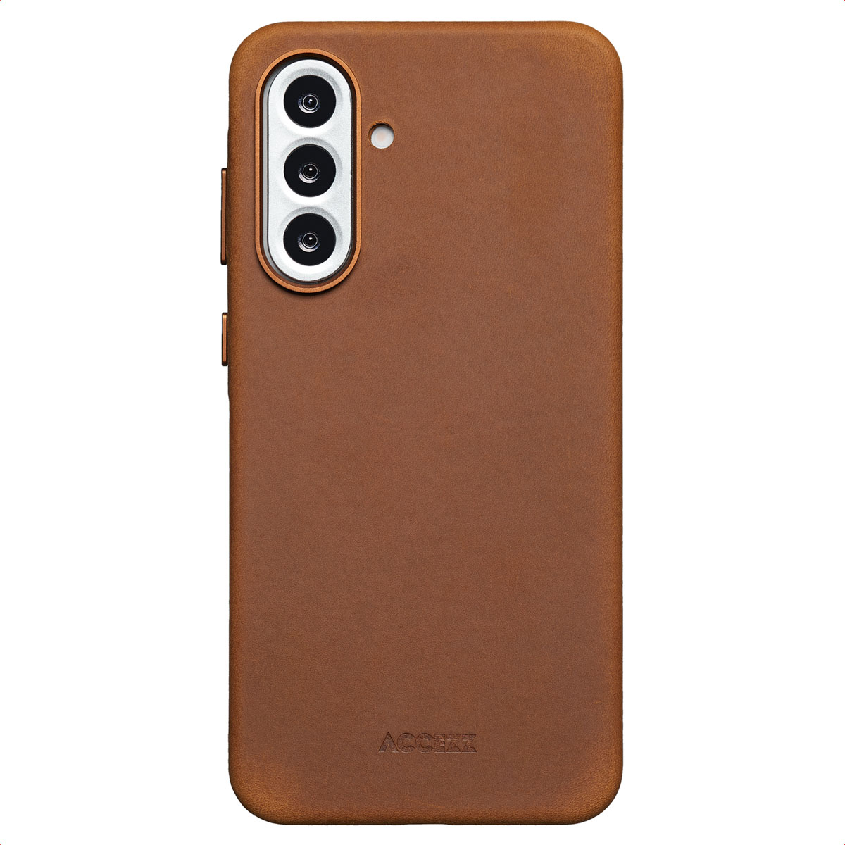 Une coque de téléphone marron avec un module caméra. L'étui comporte trois objectifs, un flash et une marque en bas.