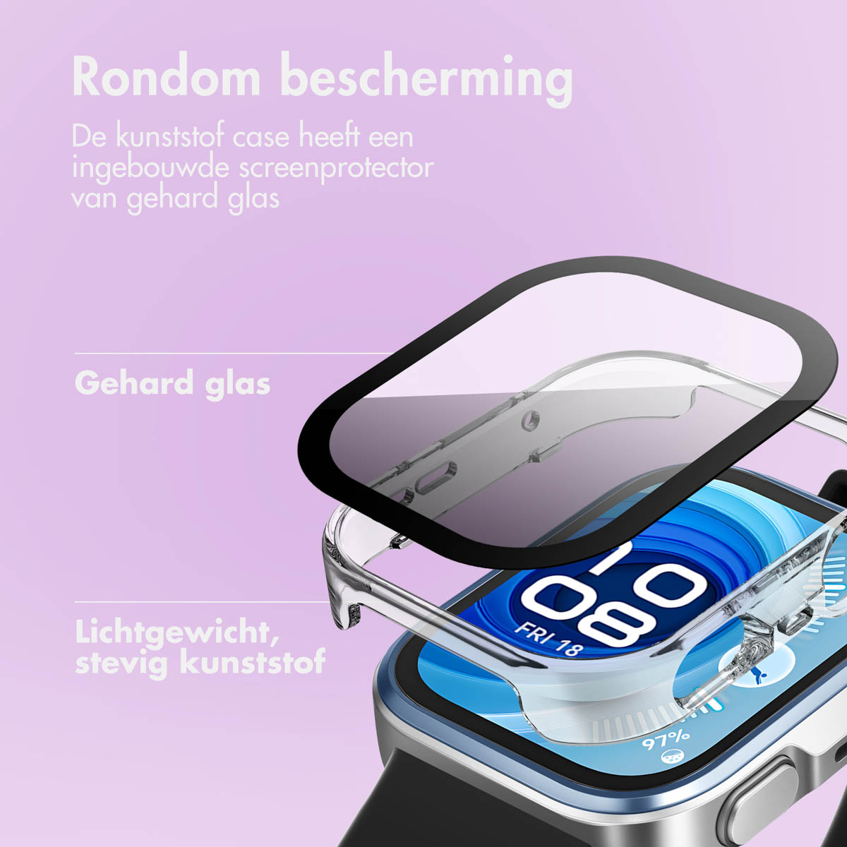 Een smartwatch met een beschermhoes wordt geïnstalleerd. De schermbeschermer is gemaakt van gehard glas. De horloge toont de datum en tijd.