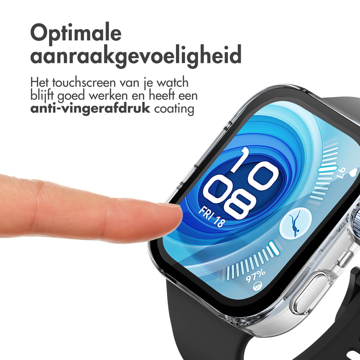 Een vinger raakt het scherm van een smartwatch aan. Het horloge geeft de tijd weer. Tekst zegt optimale aanraakgevoeligheid en anti-vingerafdruk coating.