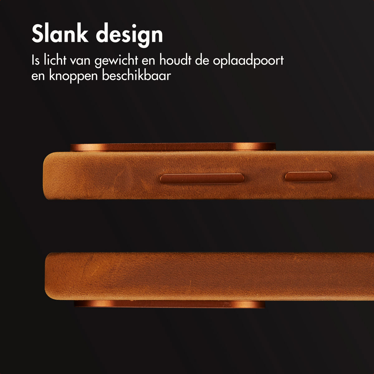 Gros plan de deux étuis de téléphone marron sur fond noir, mettant en évidence le design et l'accès au port. Texte en haut : 'Slank design'.