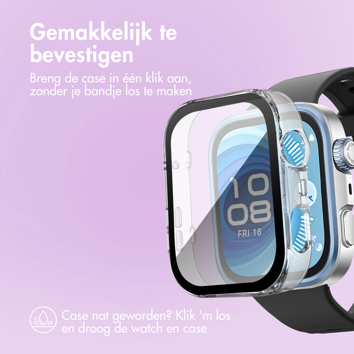 Een smartwatch met een doorzichtige beschermhoes. De wijzerplaat toont de tijd en datum. Tekst: eenvoudig te bevestigen en te verwijderen.