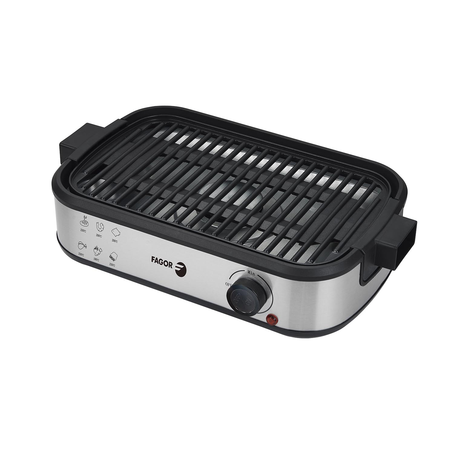 Una parrilla eléctrica con una parte superior negra y una base plateada. Tiene una perilla de control y el logotipo de Fagor.