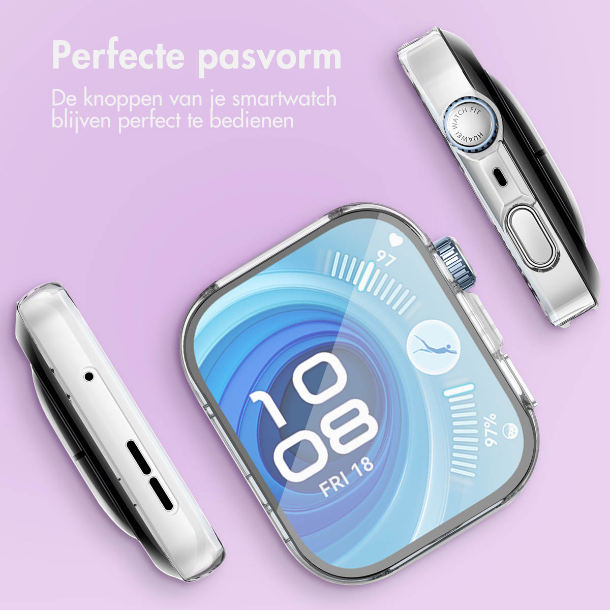Een smartwatch met een doorzichtige hoes wordt getoond. Het scherm toont de tijd en het batterijpercentage. Twee andere delen van het horloge zijn ook zichtbaar.
