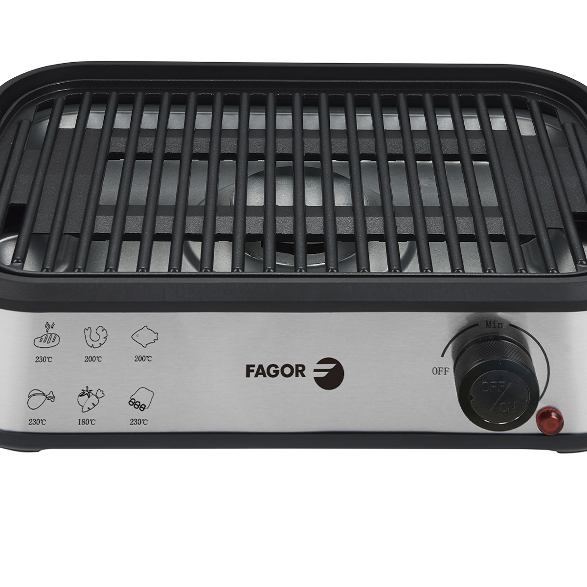 Una parrilla eléctrica negra y plateada con una parte superior de parrilla negra, una perilla de control y la marca Fagor al frente.
