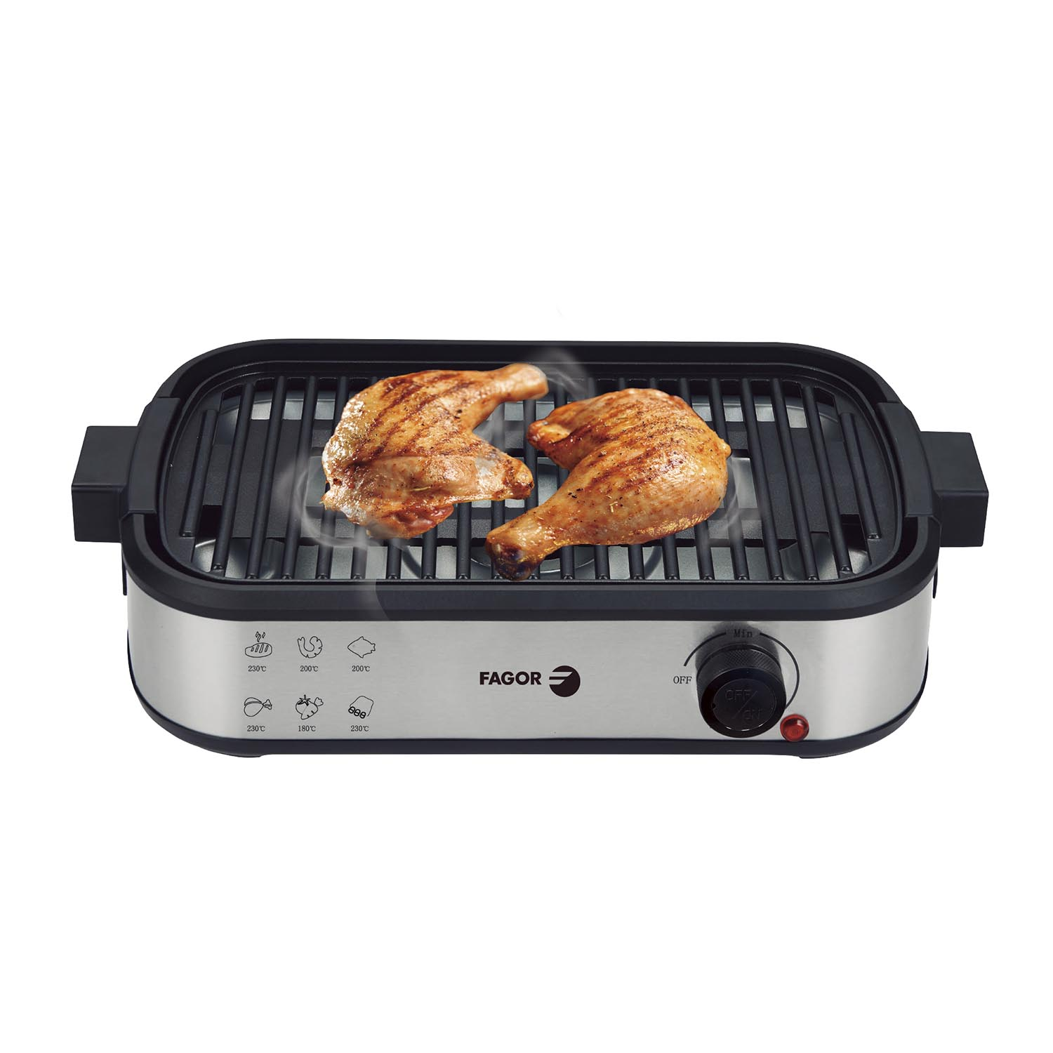 Dos muslos de pollo cocidos en una parrilla. La parrilla está encendida, con vapor visible. La parrilla es plateada y negra, con una perilla de control.