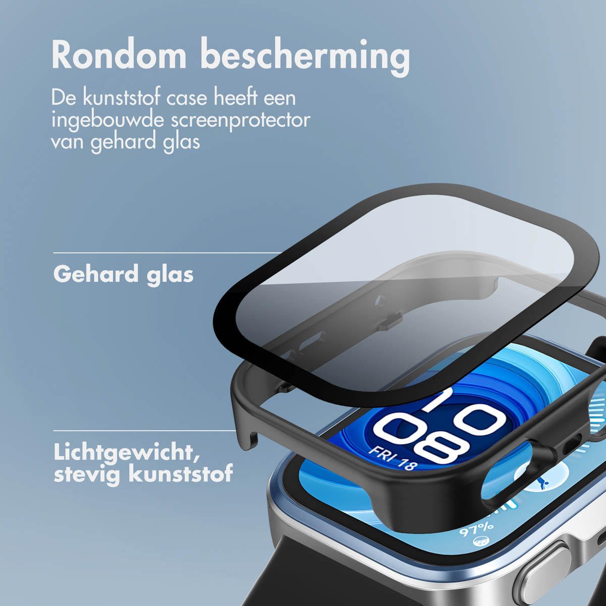Een smartwatch met een beschermhoes. De hoes is zwart en de schermbeschermer is helder. De wijzerplaat toont de datum en tijd.