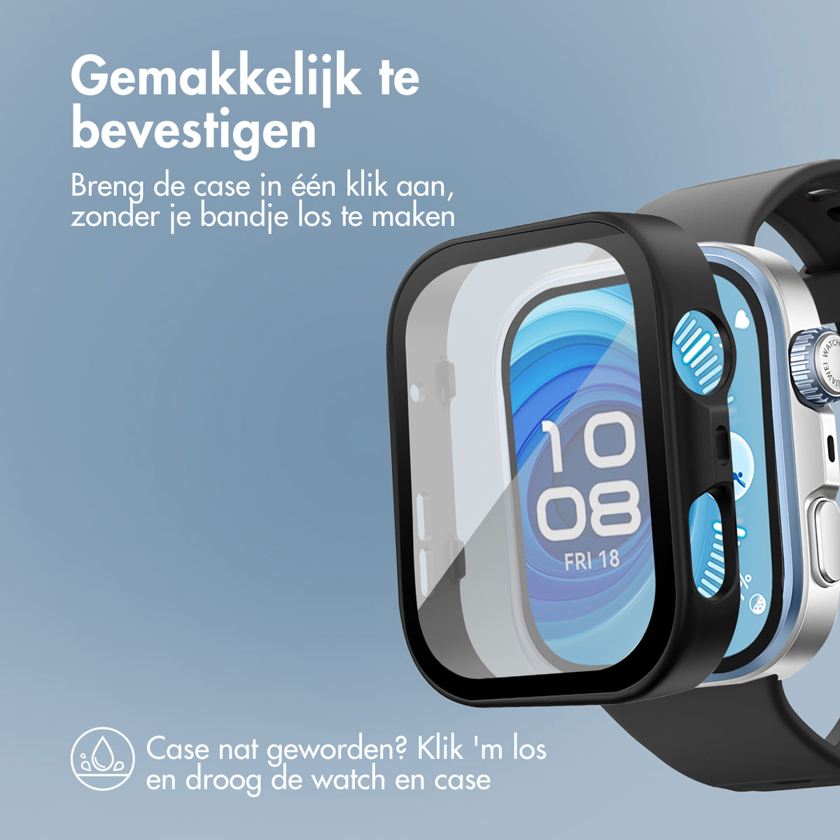 Een smartwatch met een zwarte behuizing en een scherm met de tijd. De behuizing is zwart en transparant, met Nederlandse tekst.