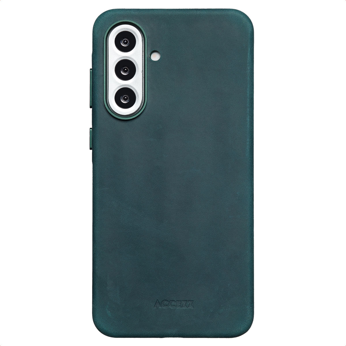 Une coque de téléphone vert d'eau avec trois objectifs de caméra et le logo ACCEZZ en bas. La coque couvre l'arrière et les bords du téléphone.