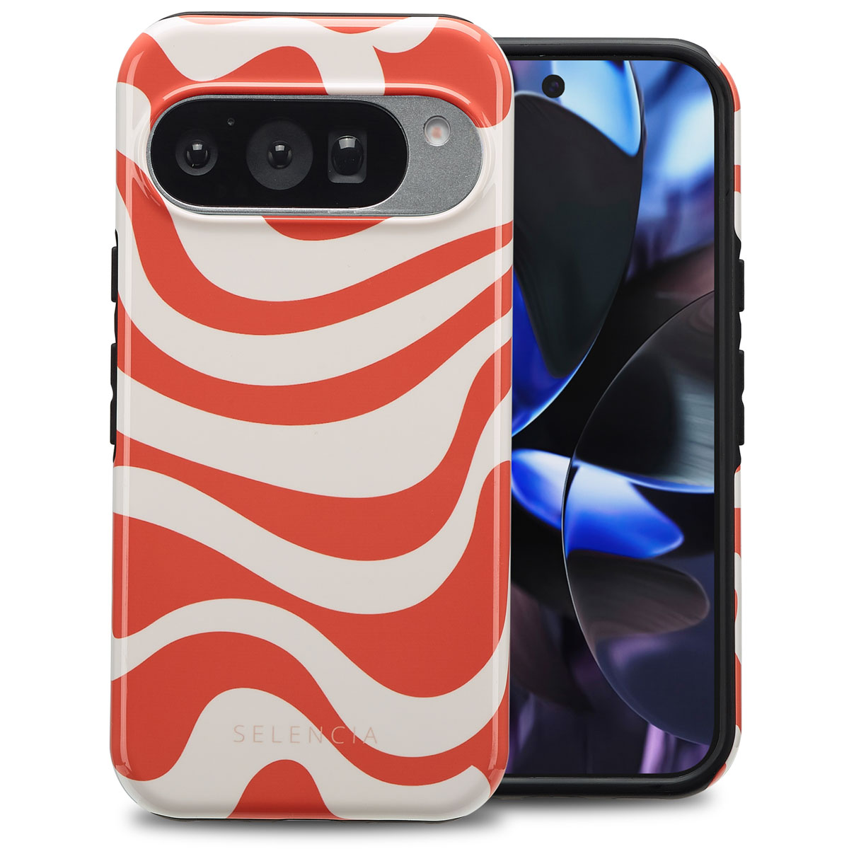 Téléphone avec un étui à motifs ondulés rouges et blancs. L'écran affiche des graphiques bleus et noirs. L'étui a une découpe pour l'appareil photo.