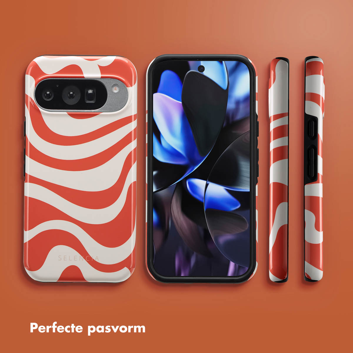 Coques de téléphone avec un motif de vagues rouges et blanches, présentant les vues avant, arrière et latérales. Fond orange.