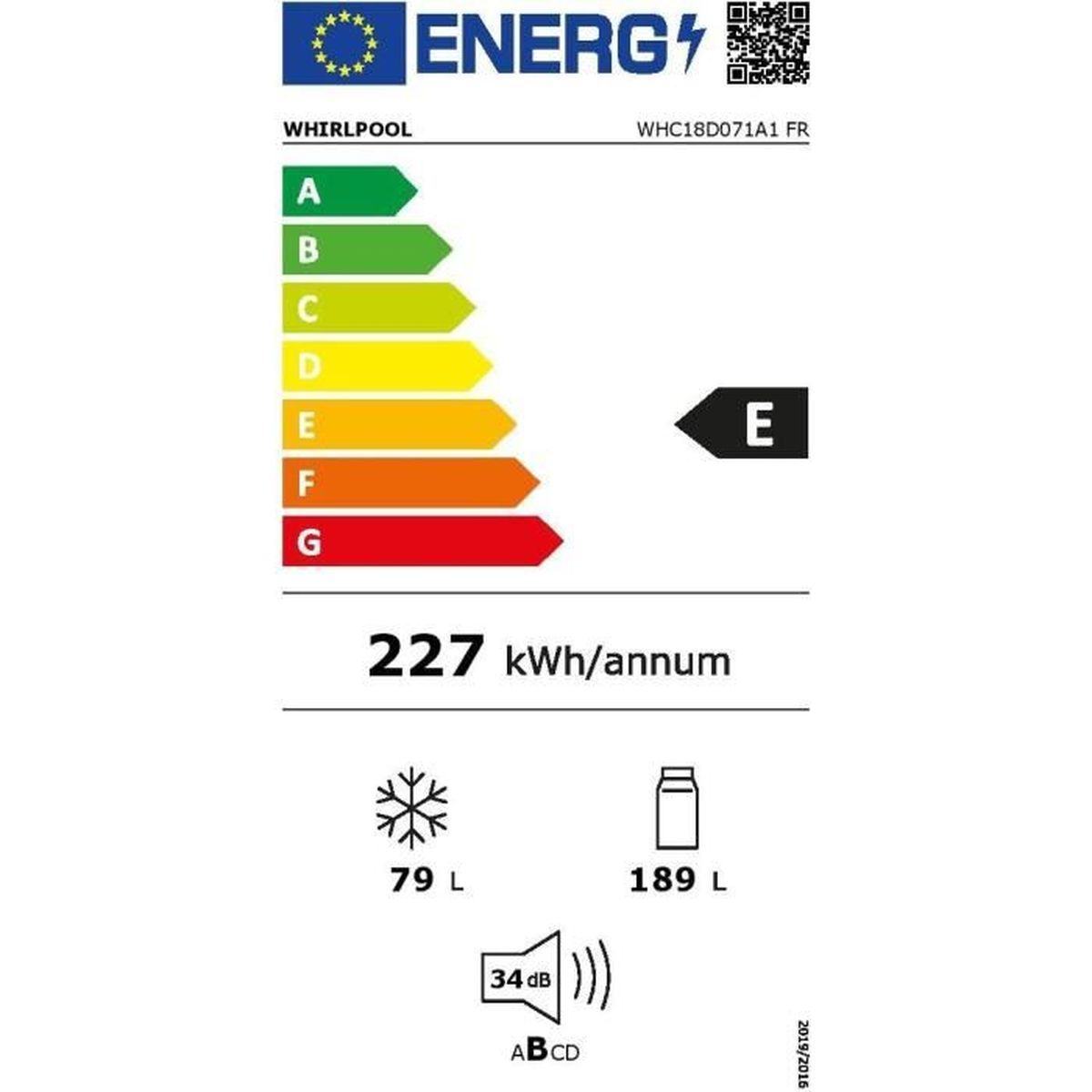 Energielabel voor een Whirlpool koelkast. Toont energie-efficiëntieklasse E, 227 kWh/jaar en andere verbruiksgegevens.