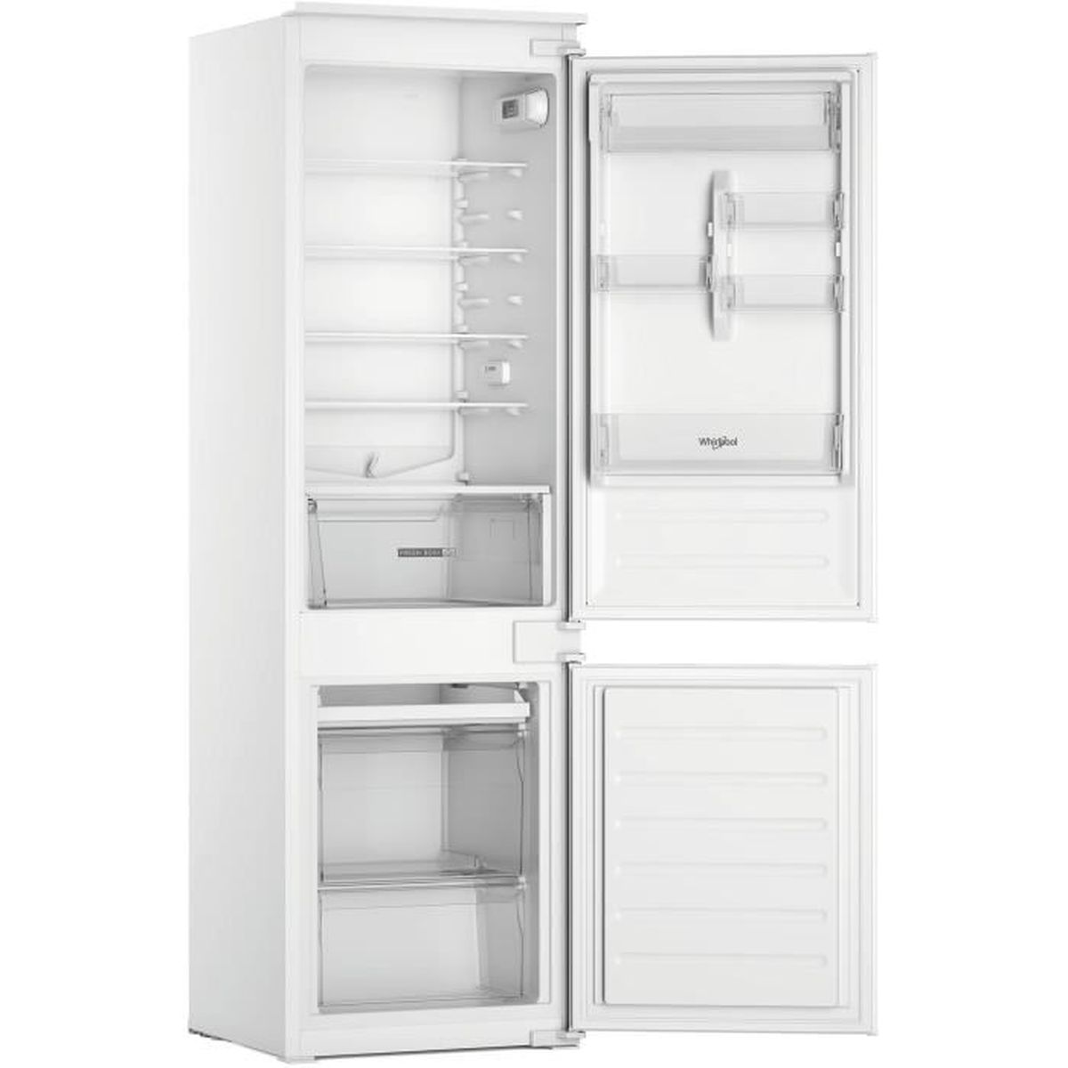Witte koelkast met open deuren. Bovenste deur open, met schappen. Onderste deuren open, met laden. Whirlpool-logo zichtbaar.