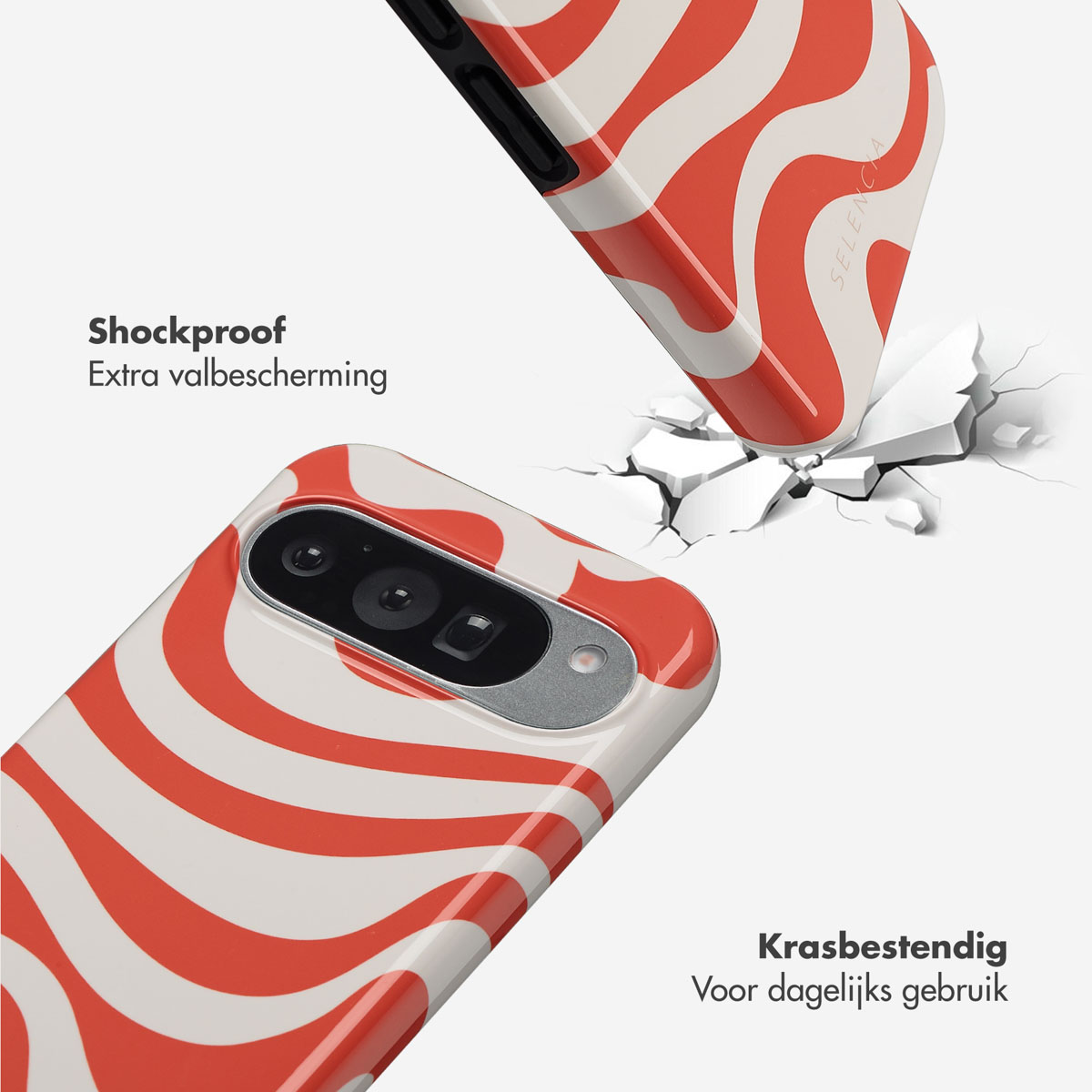 Une coque de téléphone avec un motif ondulé rouge et blanc est sur le point de frapper un téléphone, créant un effet de fissure. Le texte dit 'Antichoc' et 'Résistant aux rayures'.
