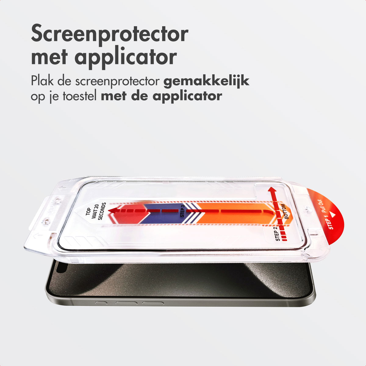 A screen protector kit with an applicator is placed over a smartphone. Instructions with arrows are visible, showing steps to apply.