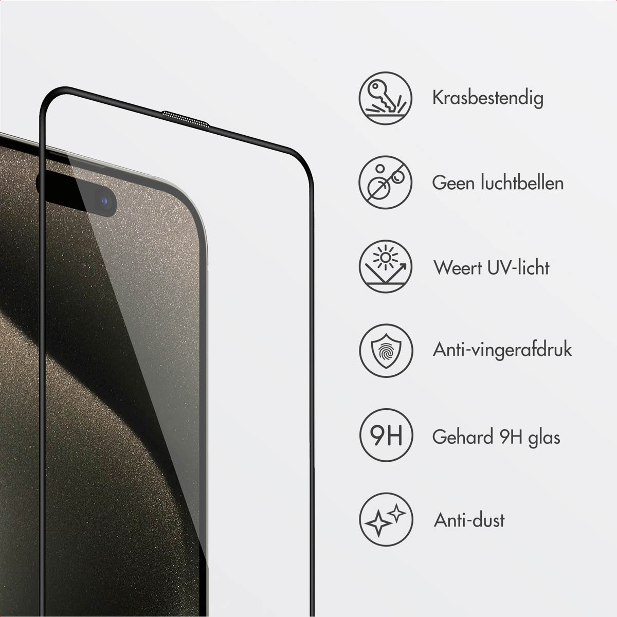 A phone screen protector with features like scratch resistance, no bubbles, UV light protection, anti-fingerprint, 9H glass, and anti-dust.
