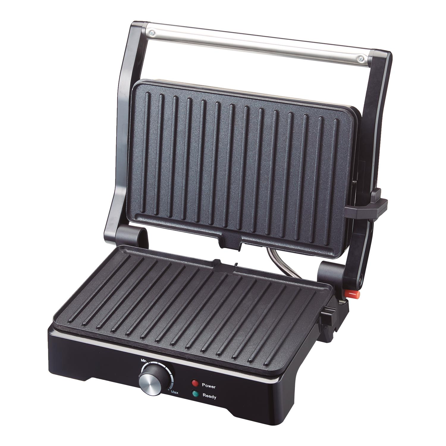 Parrilla eléctrica negra con tapa abierta, mostrando las placas de la parrilla acanaladas. Asa plateada en la parte superior. Perilla de control y luces indicadoras visibles.