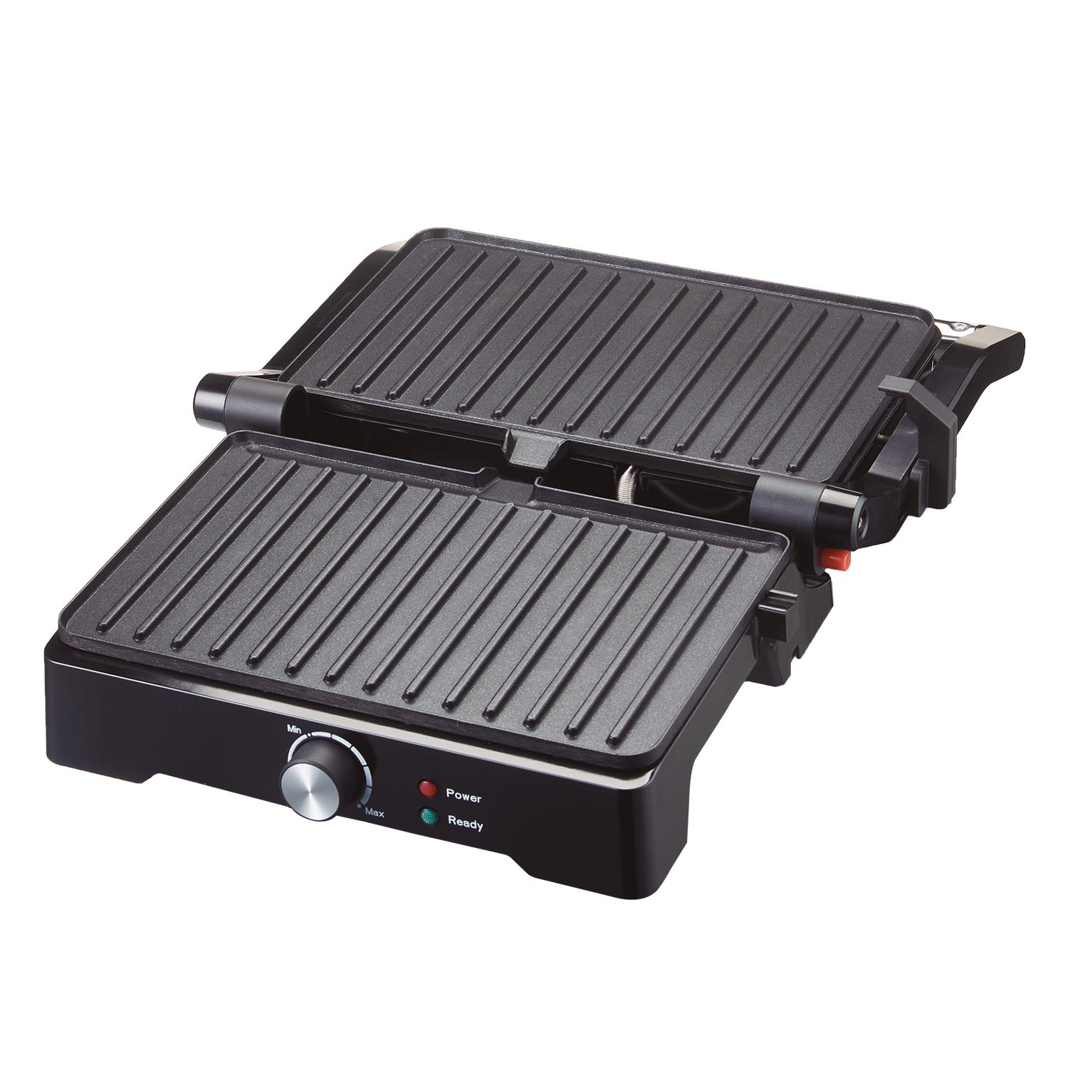 Parrilla eléctrica negra con dos placas acanaladas, un dial de temperatura e indicadores de encendido y listo, sobre fondo blanco.