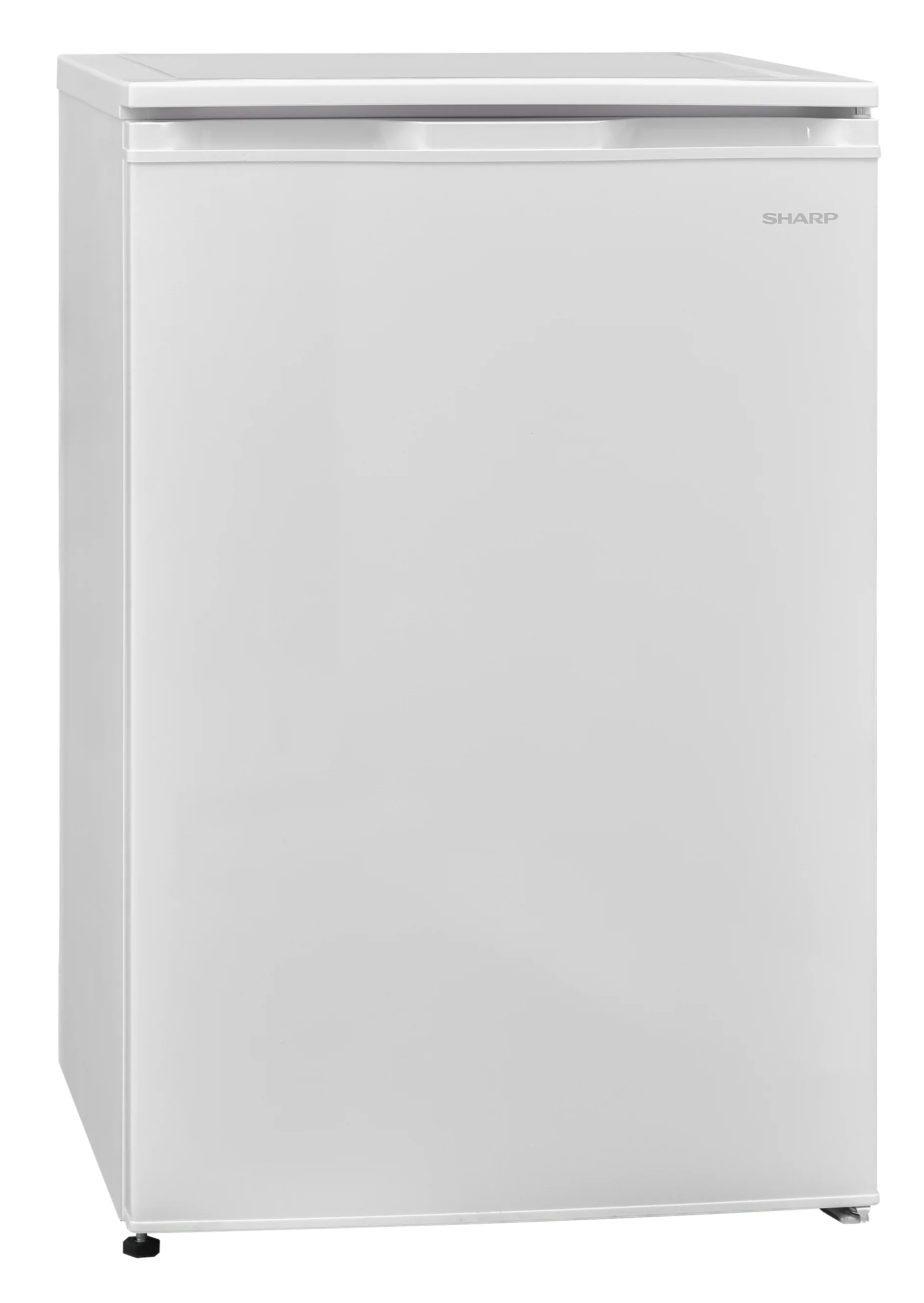 A white Sharp refrigerator stands alone. It has a door and a handle on the top. The Sharp logo is visible.