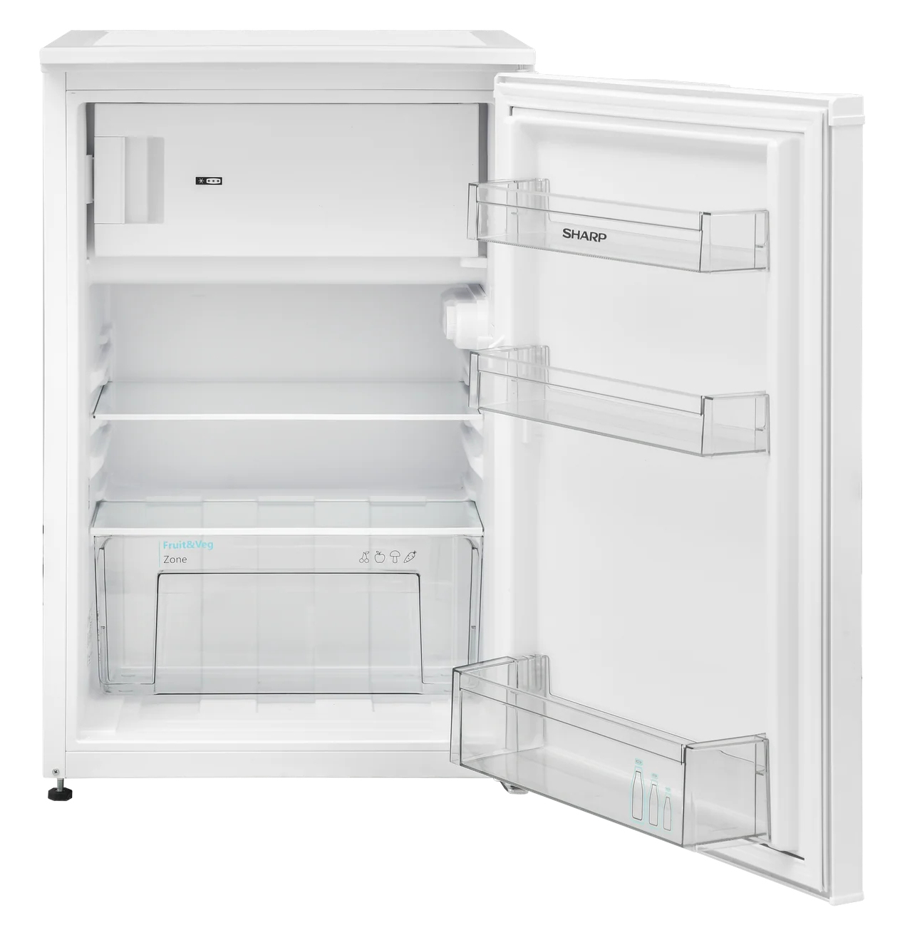 A white refrigerator with the door open. Inside, there are shelves and a vegetable compartment. The door has shelves for bottles.