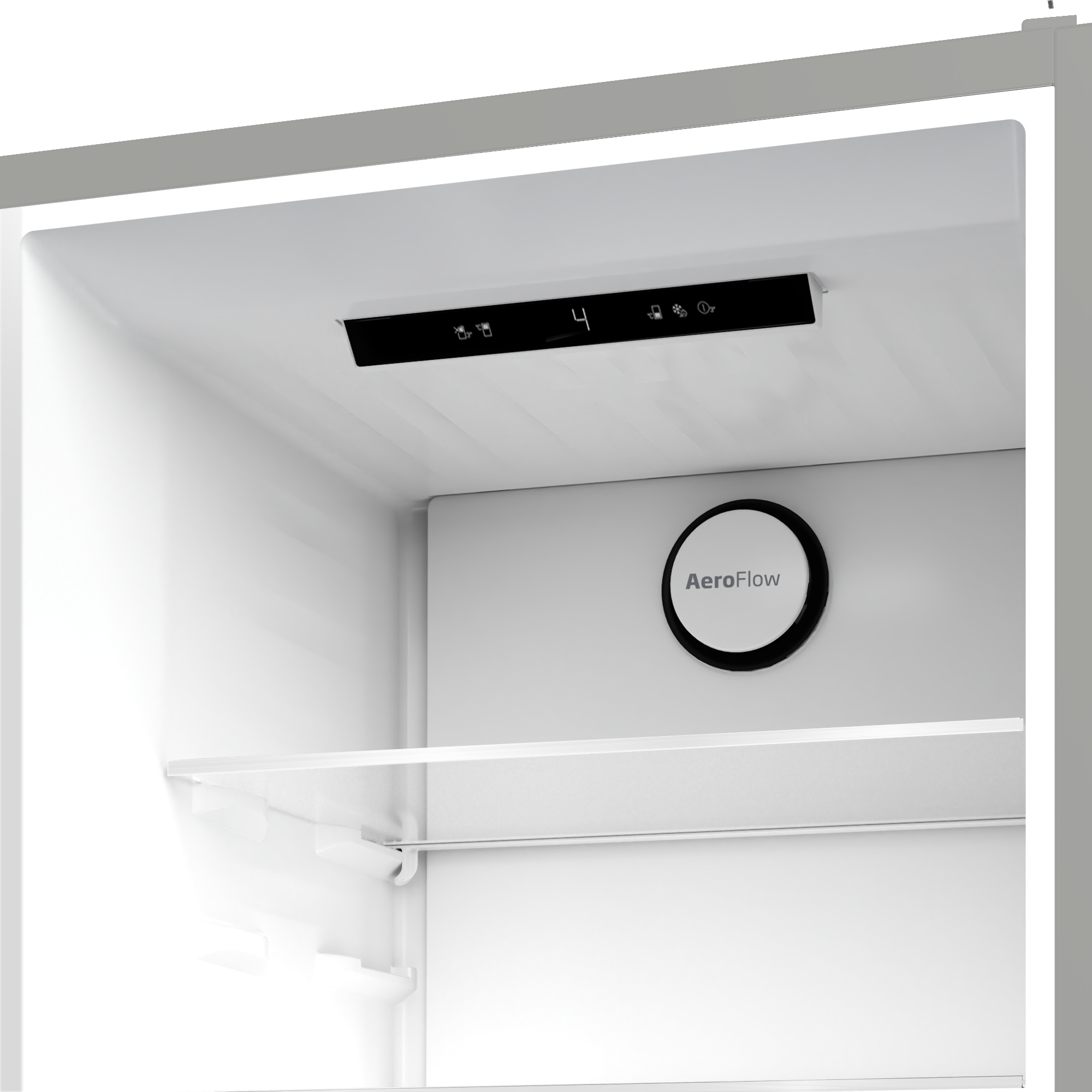 All'interno di un frigorifero bianco. Un display digitale mostra '4'. Logo AeroFlow visibile. Sono presenti ripiani.